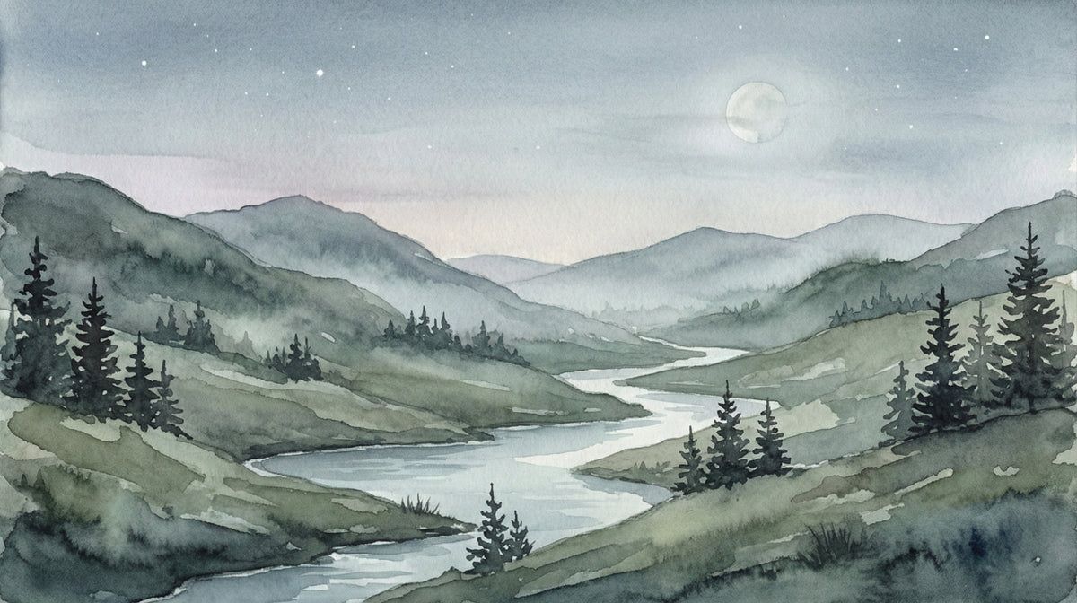 1200x672 Serene Watercolor Moonlit River Valley Mural