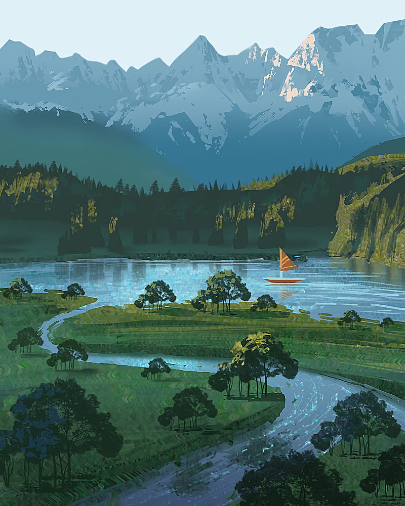 800x1001 River, boat, mountains, nature, art, HD phone wallpaper
