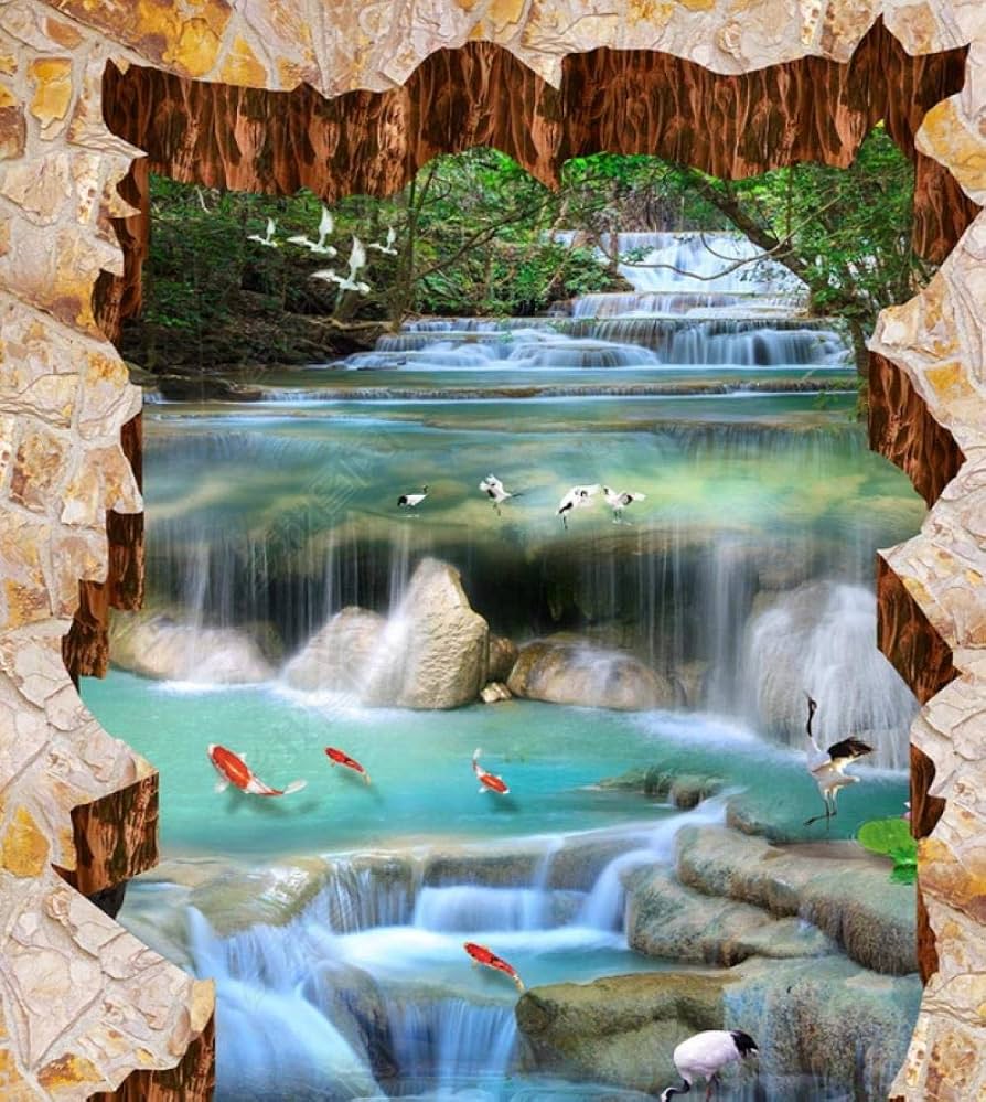 894x999 Waterfall River Carp Lotus Landscape Outdoor 3D Stereo Painting Ground Painting Wallpaper Mural 150 * 105Cm, Wall Stickers & Murals