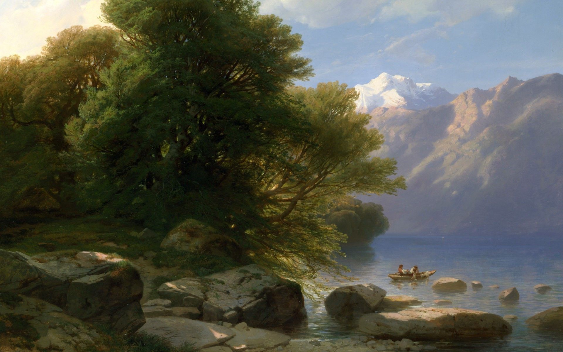 1920x1200 painting, Boat, Rock, Trees, River, Classic Art Wallpaper HD / Desktop and Mobile Background