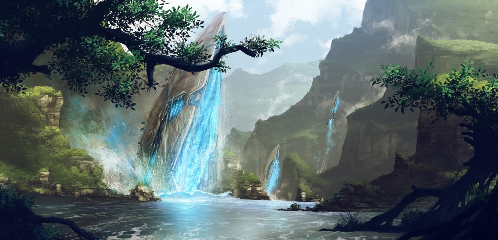1632x788 Waterfalls wallpaper, river, fantasy art, nature, video games HD wallpaper