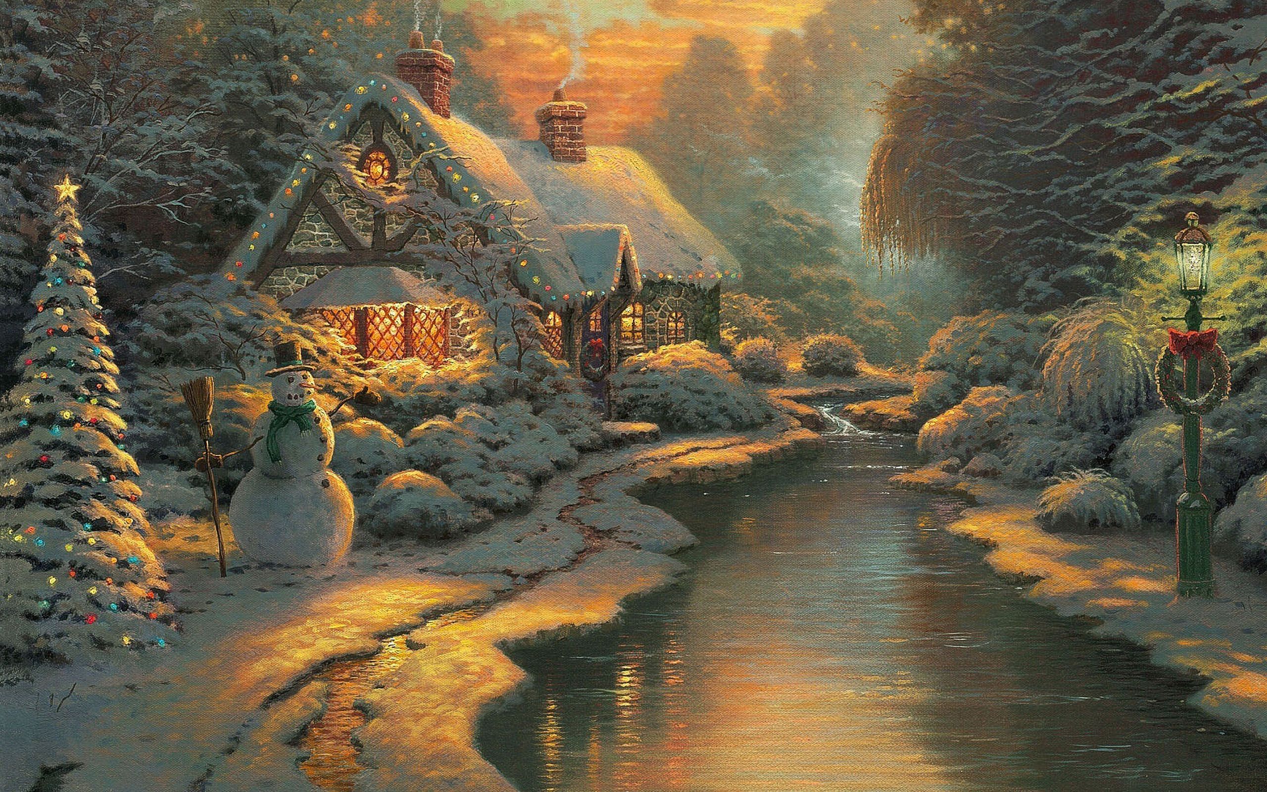 2560x1600 Wallpaper Brown House Near River Painting, Background Free Image