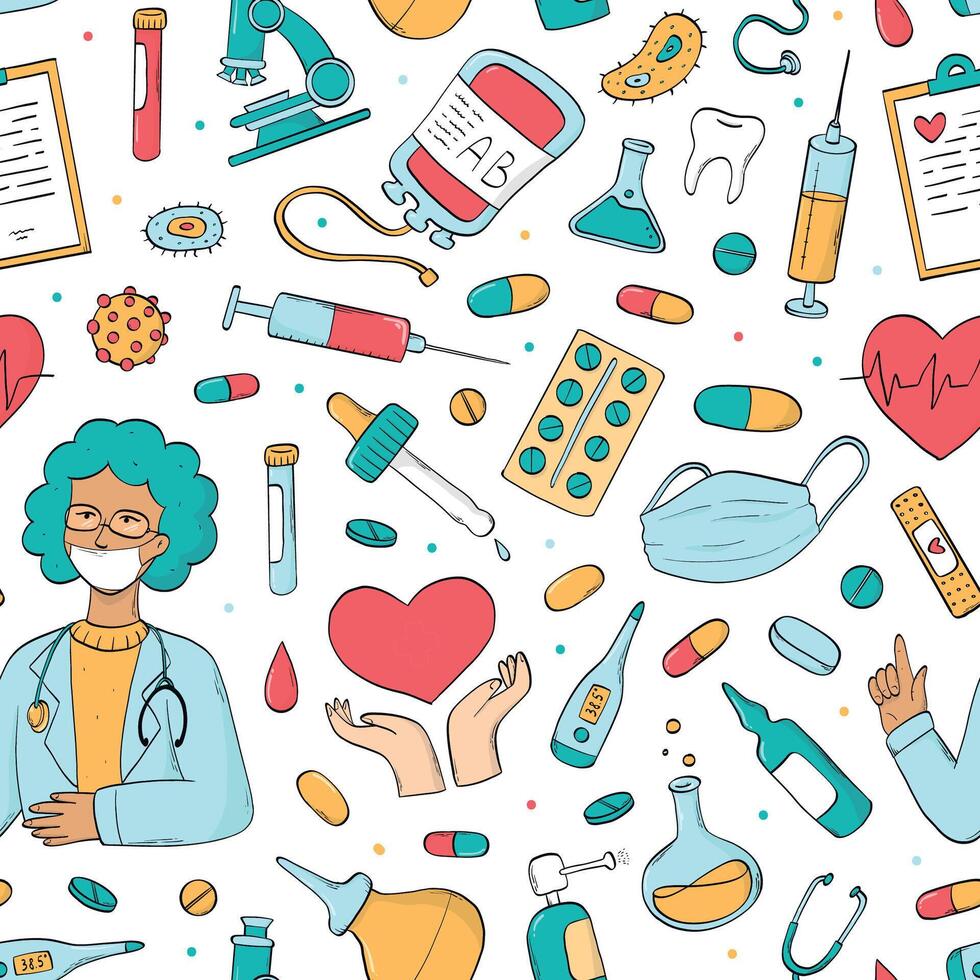 980x980 Medicine, health care seamless pattern with cute doodles for wallpaper, wrapping paper, scrapbooking, background, prints. World health day theme. EPS 10