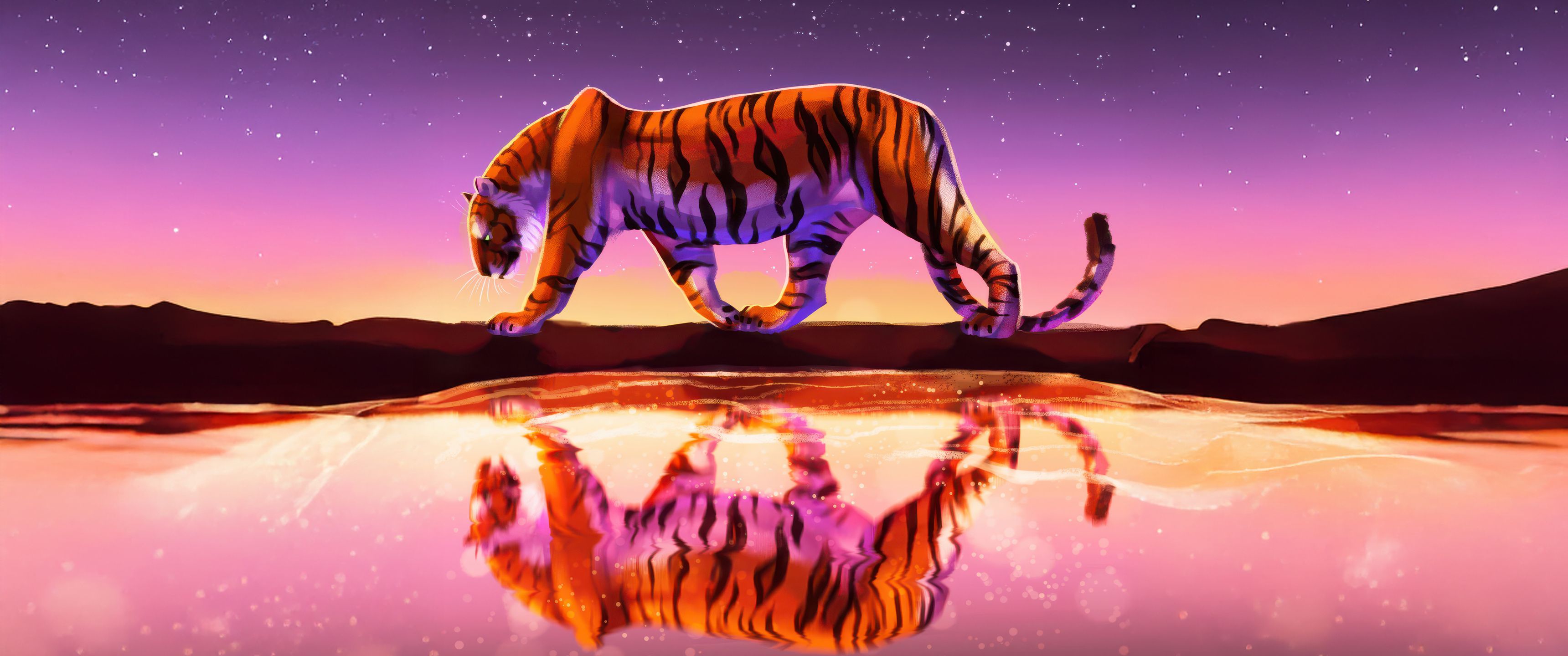 3440x1440 Tiger Reflected In Water Under Starry Sky UltraWide Quad HD 1440P , HD 4k Wallpaper, Image, Background, Photos and Picture