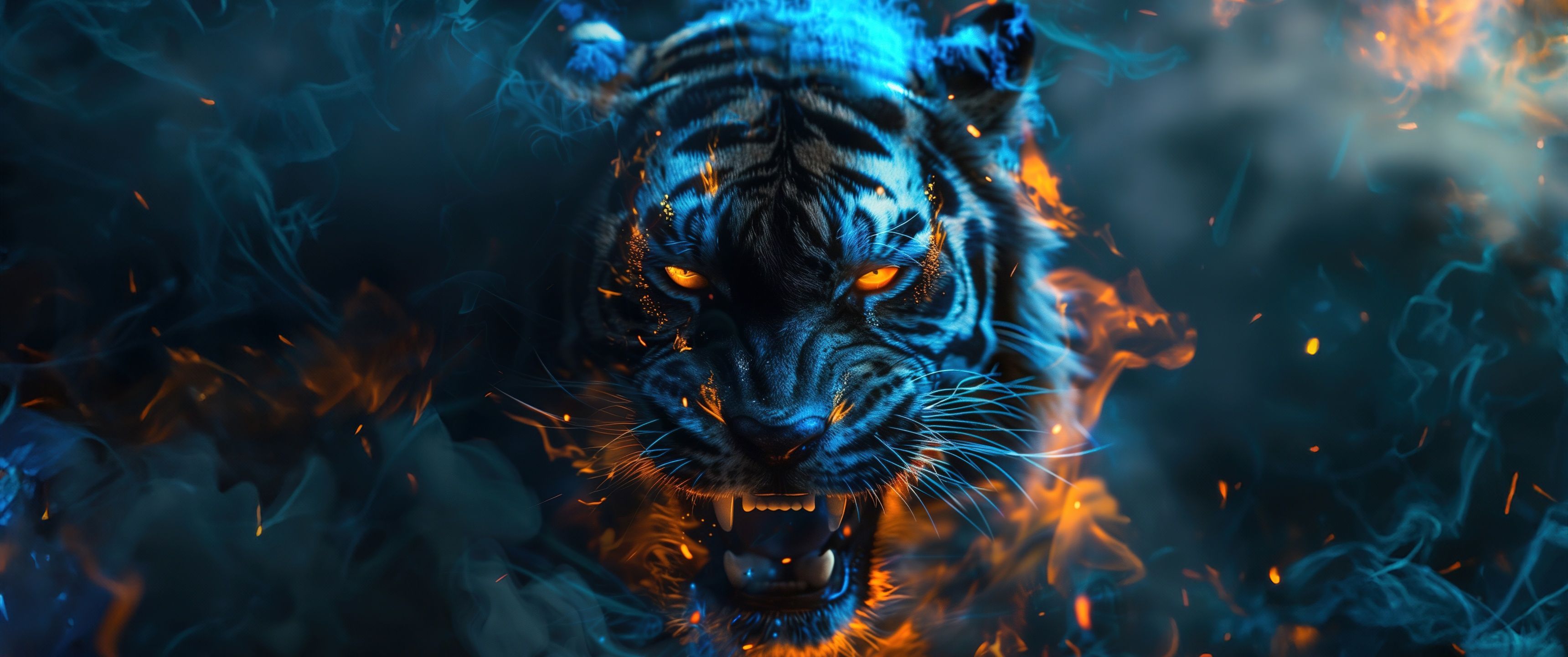 3440x1440 Roaring Tiger in Flames 5K Wallpaper
