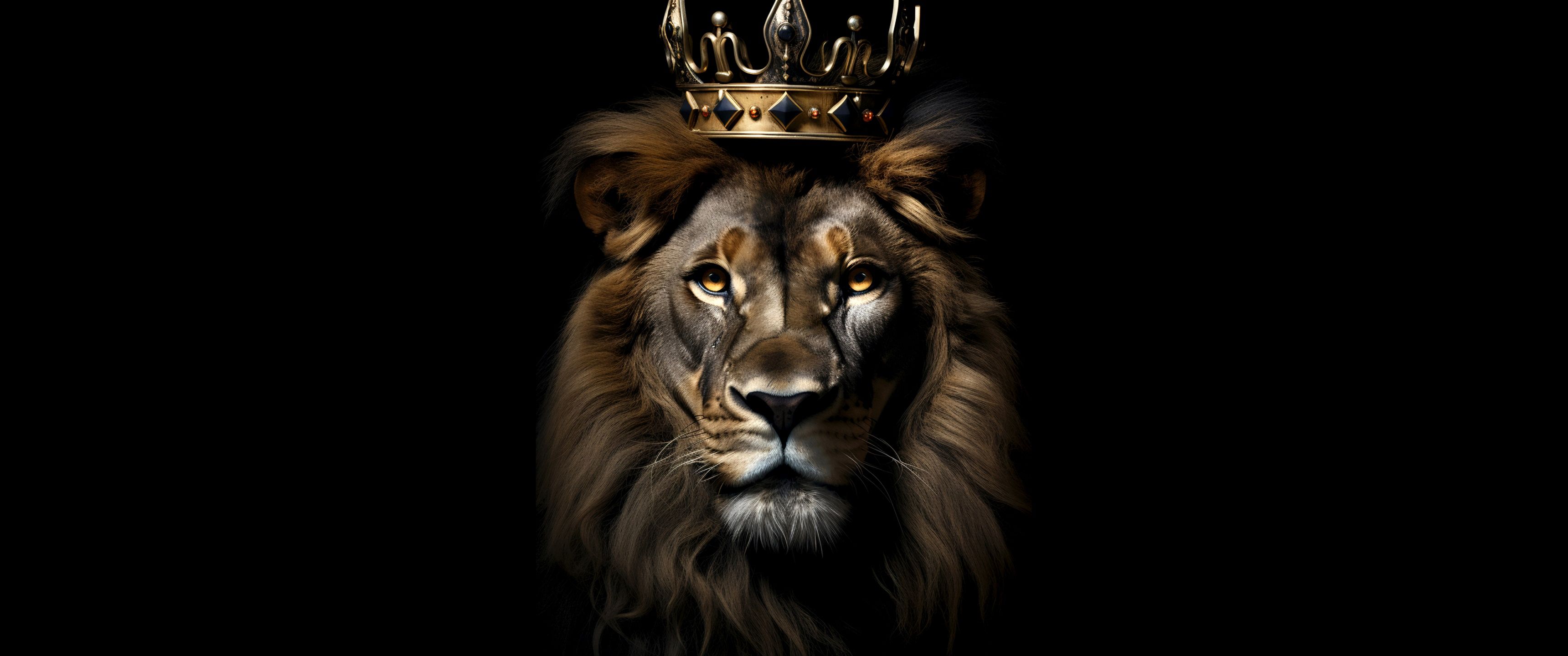 3440x1440 Lion Wallpaper 4K, Crown, Dark aesthetic, AMOLED