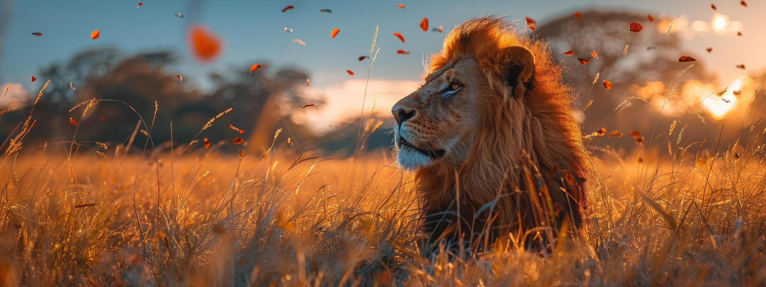 2614x980 Majestic lion portrait in golden field at sunset wildlife animal