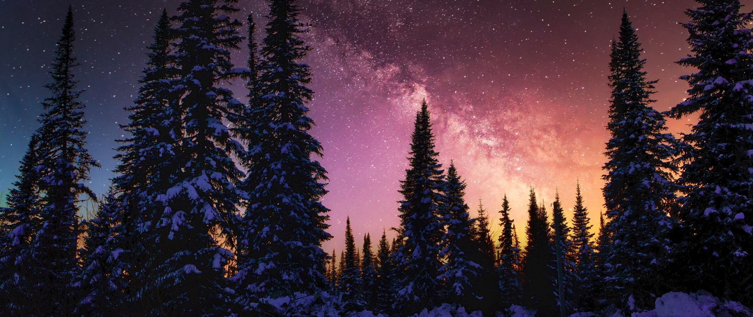 2560x1080 Winter Wallpaper 4K, Milky Way, Snow covered