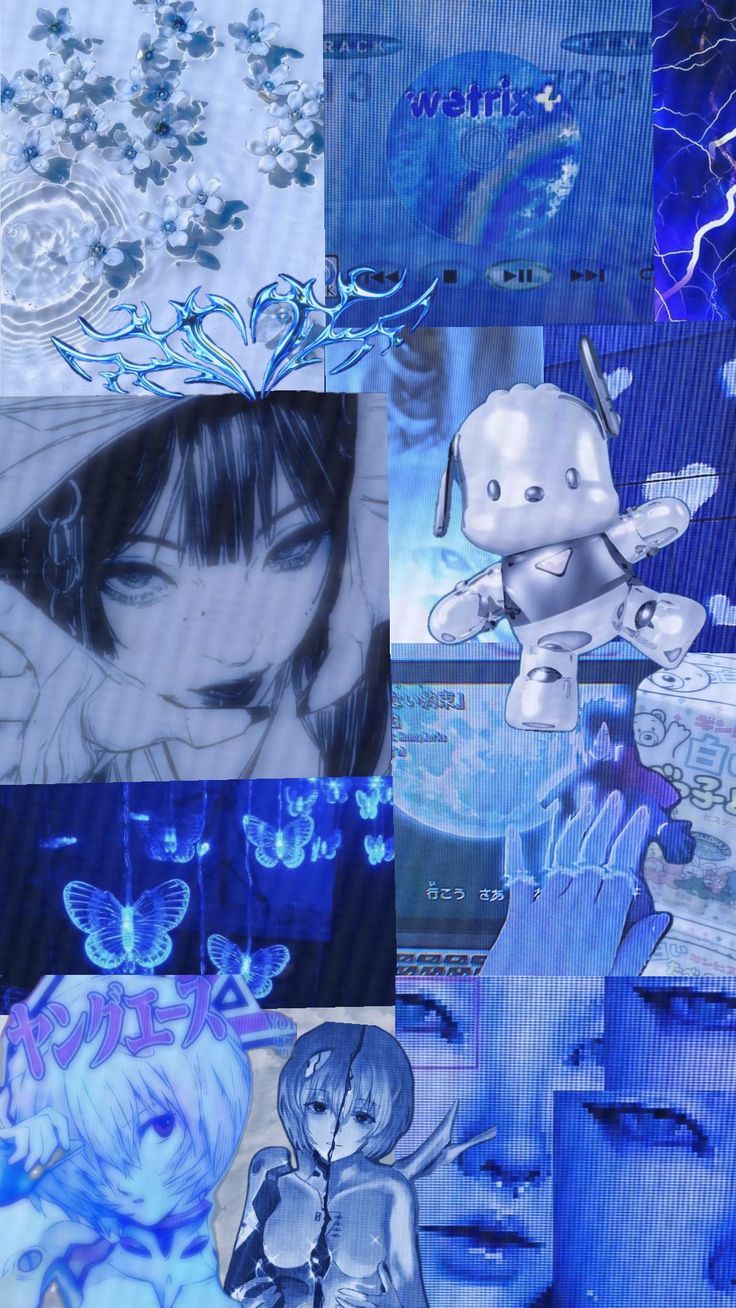736x1308 Revamped Edition. Blue Cybercore Animecore Collage Wallpaper #blue #overlay #collage #cybercore #anime #animecore #wallpaper #aesthetic #cutecore #kawaii #fyp #lightblue #bluecybercore #spookyxcreature