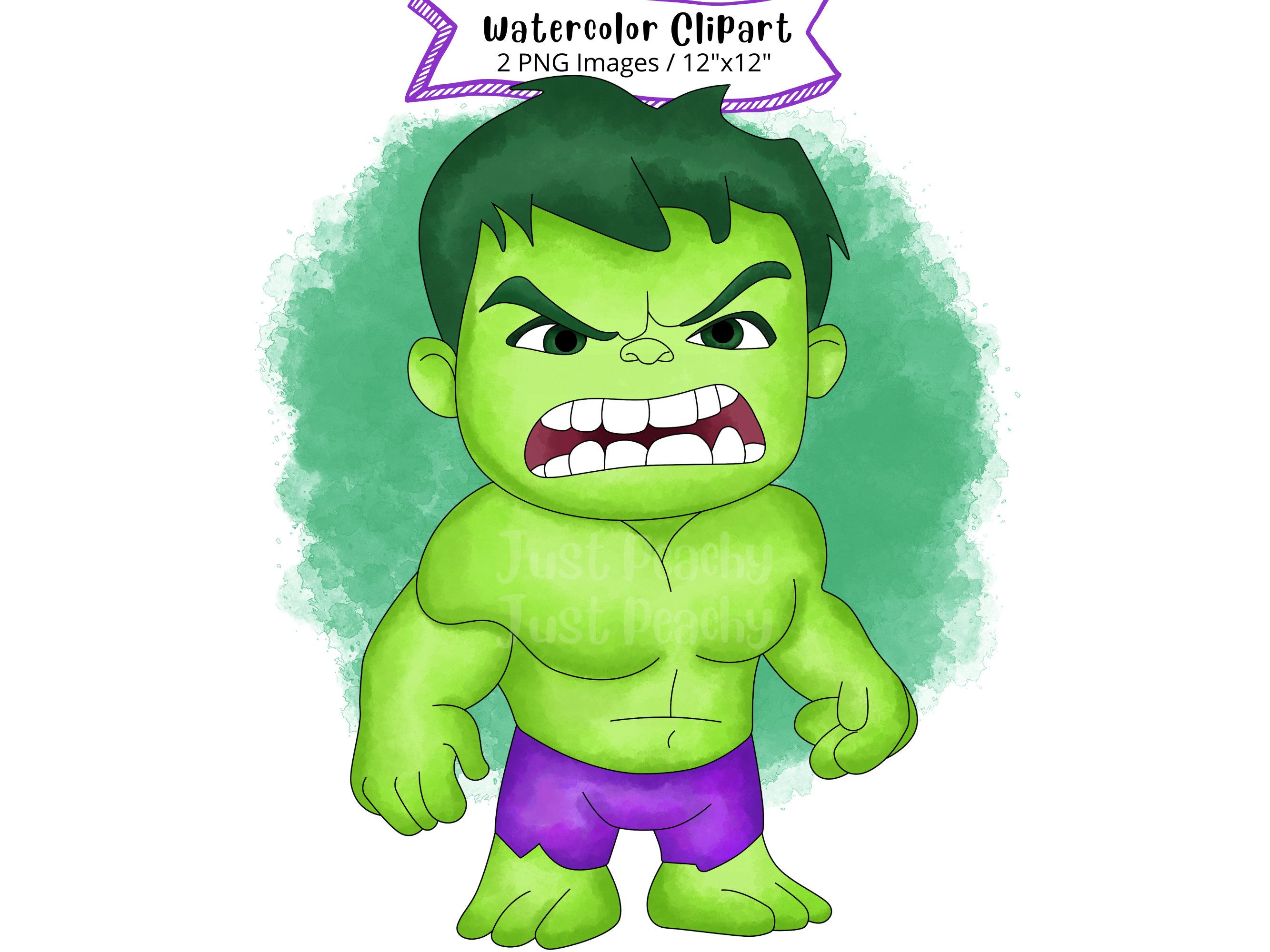 2667x2000 Kawaii Hulk Watercolor Clipart: Chibi Superhero PNG (digital Download)