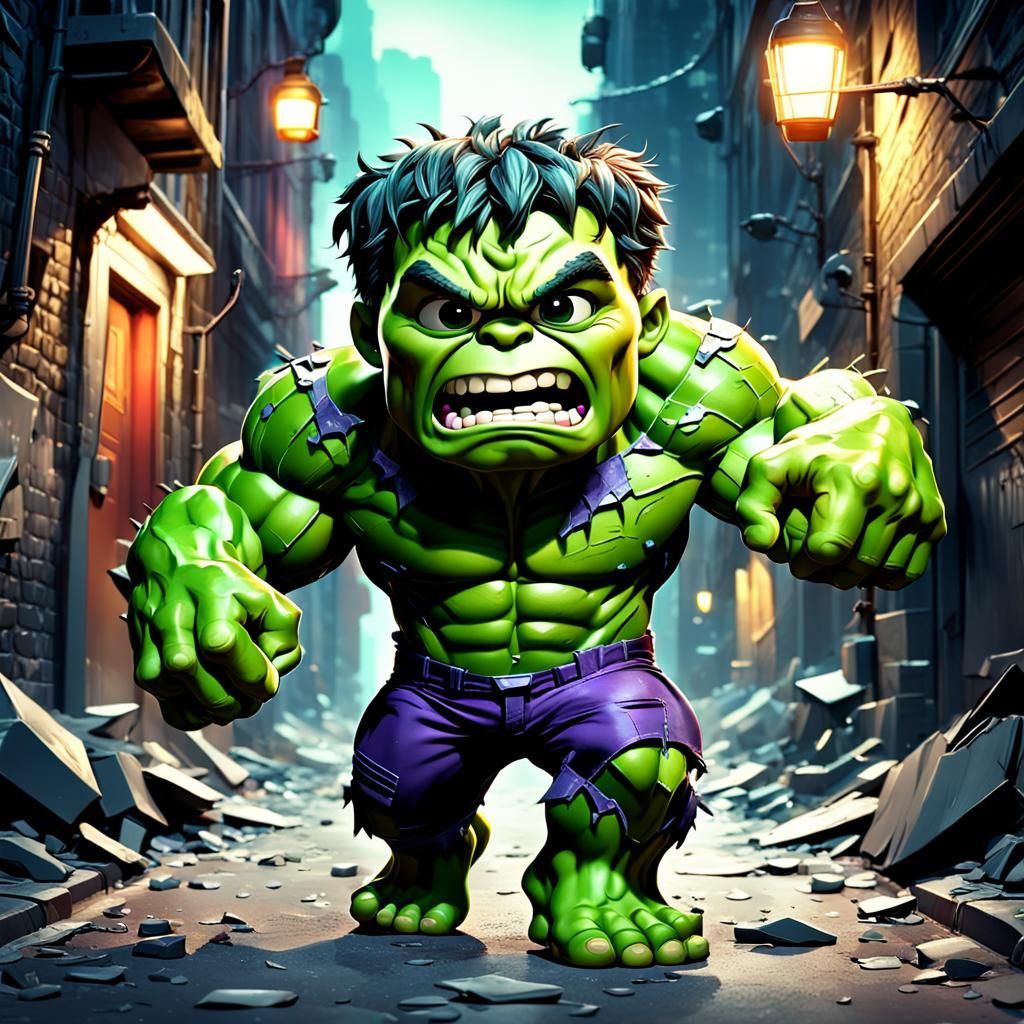 1024x1024 Pixar Style Chibi Hulk In Dark City Alley