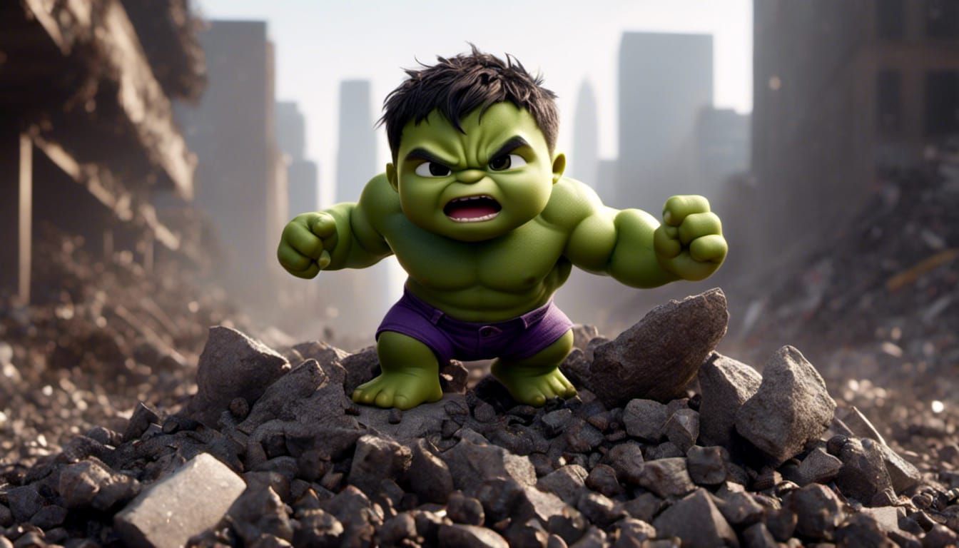 1344x768 lora:Kyoot:1.0> Baby Hulk having a tantrum, standing atop a mound of rubble