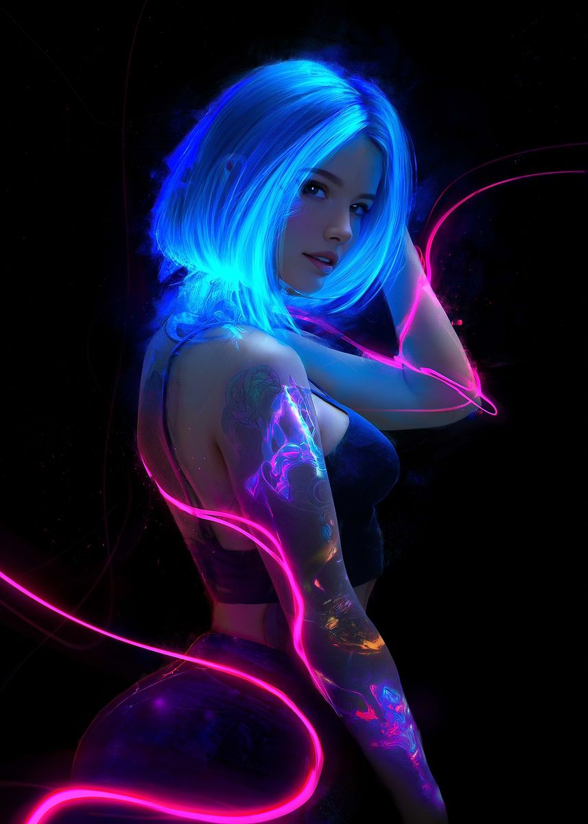 857x1200 Neon Cyberpunk Woman with Blue Hair' Poster, picture, metal print, paint