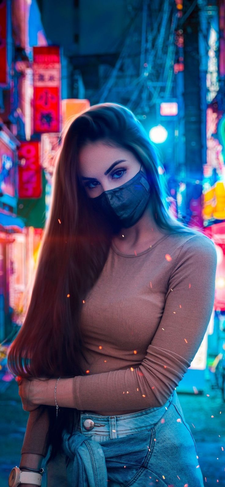 736x1594 Tattoo girl wallpaper. Neon photography, Neon girl, Cyberpunk girl