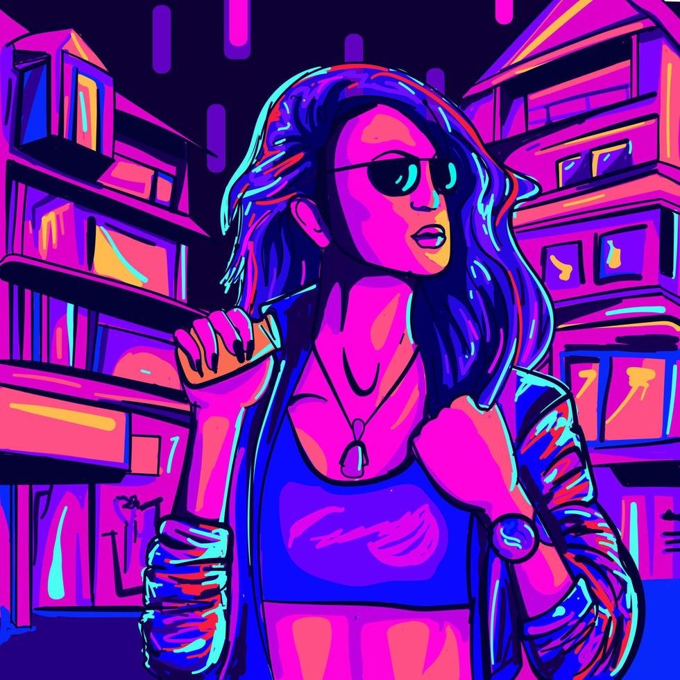 980x980 Synthwave digital art of a young woman in a city under neon lights. Cityscape illustration of a girl with sunglasses. Disco and 80s music concept