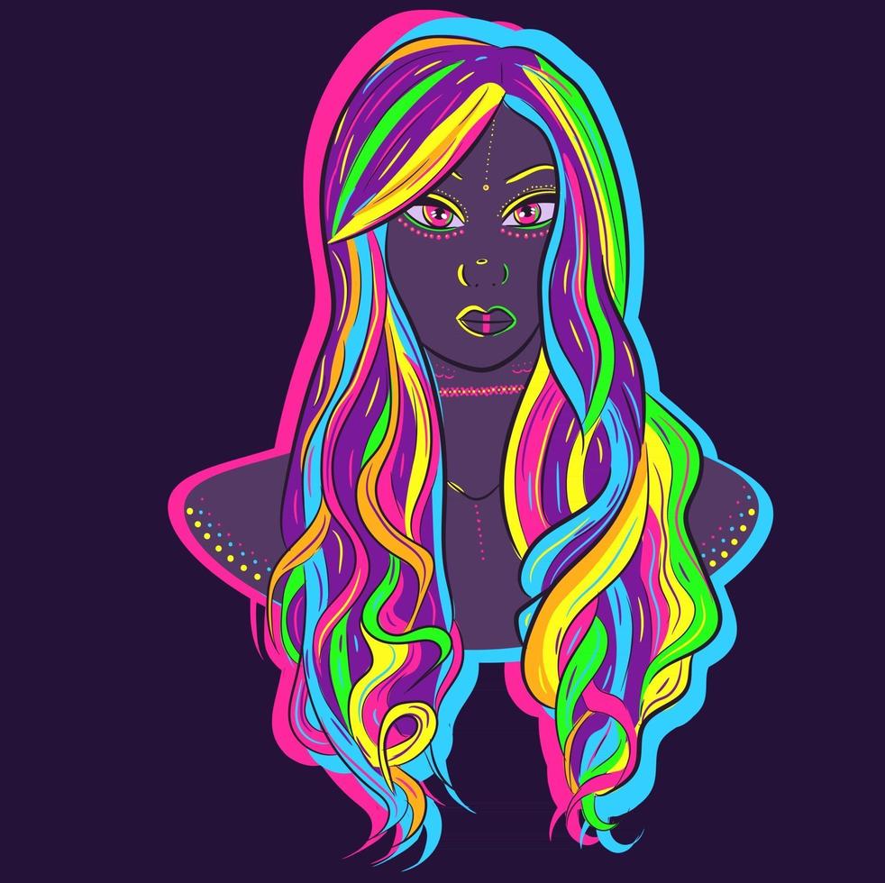 982x980 Neon illustration of a neon woman with colorful hair. Vector art of a mannequin wearing a rainbow curly wig