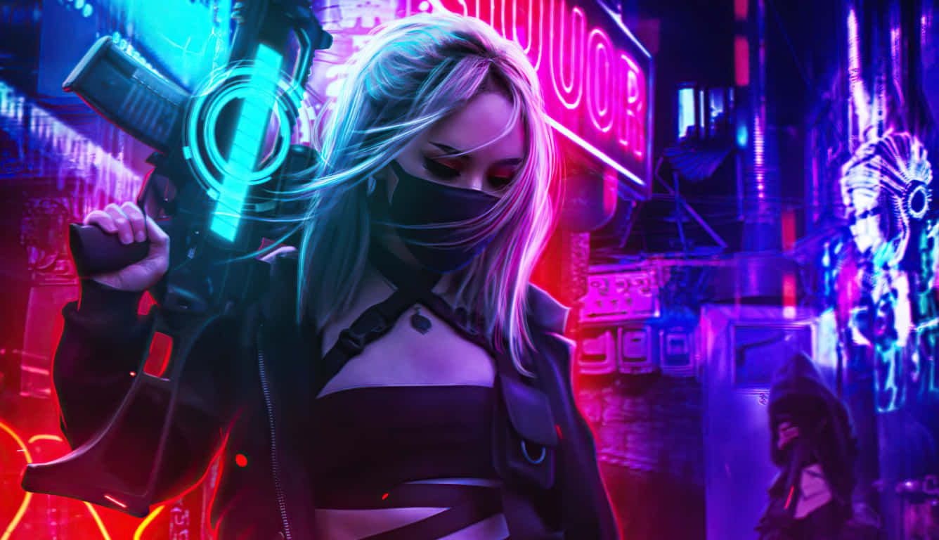 1336x768 Download a girl with a gun in a neon city Wallpaper