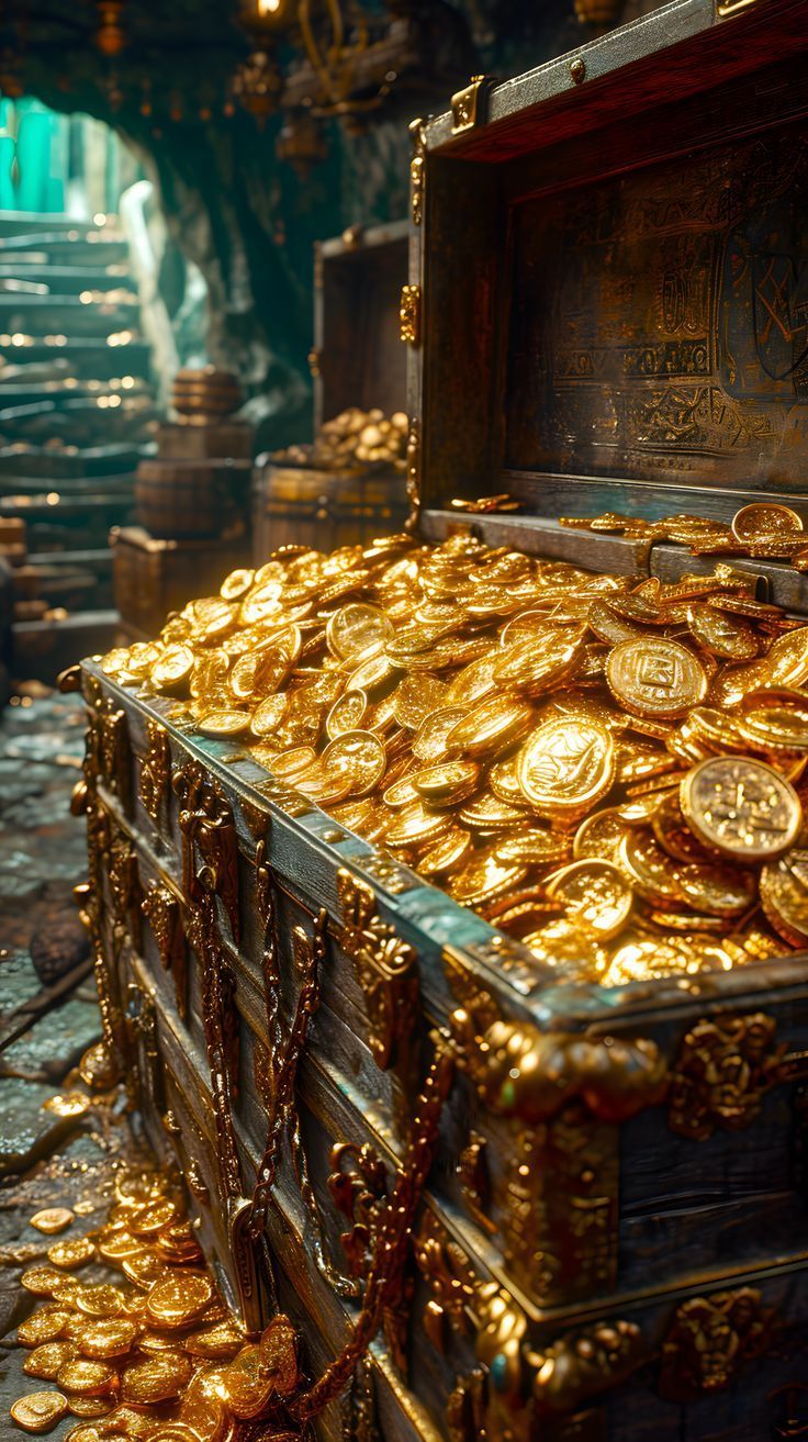 736x1313 Golden Treasure Chest: A Glittering Marvel of Fantasy Art