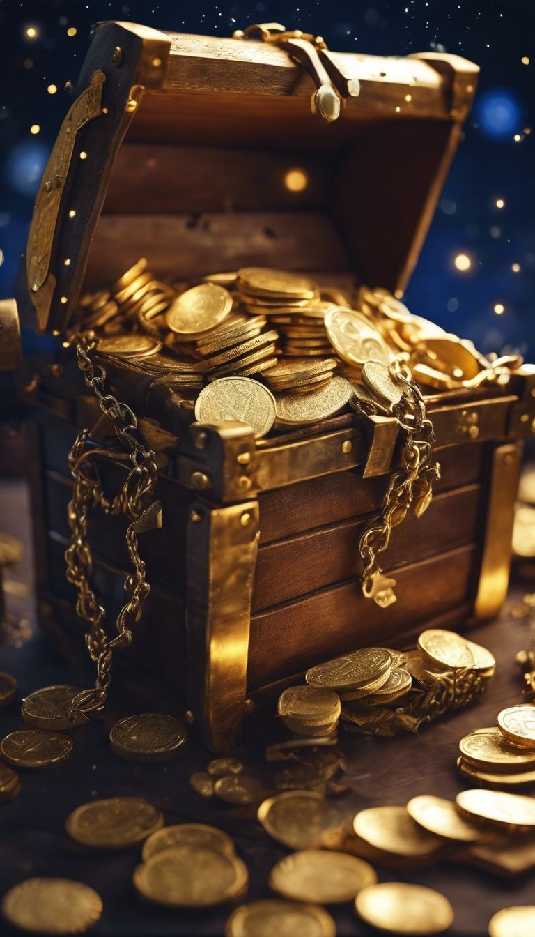 768x1344 A treasure chest overflowing with glittering gold coins on a starry night. Wallpaper [2c856aef222c4e25884a]