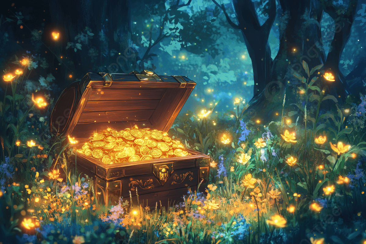 1200x800 A Treasure Chest Full Of Gold In The Forest Surrounded By Glowing Fireflies And Flowers Photo And Picture For Free Download