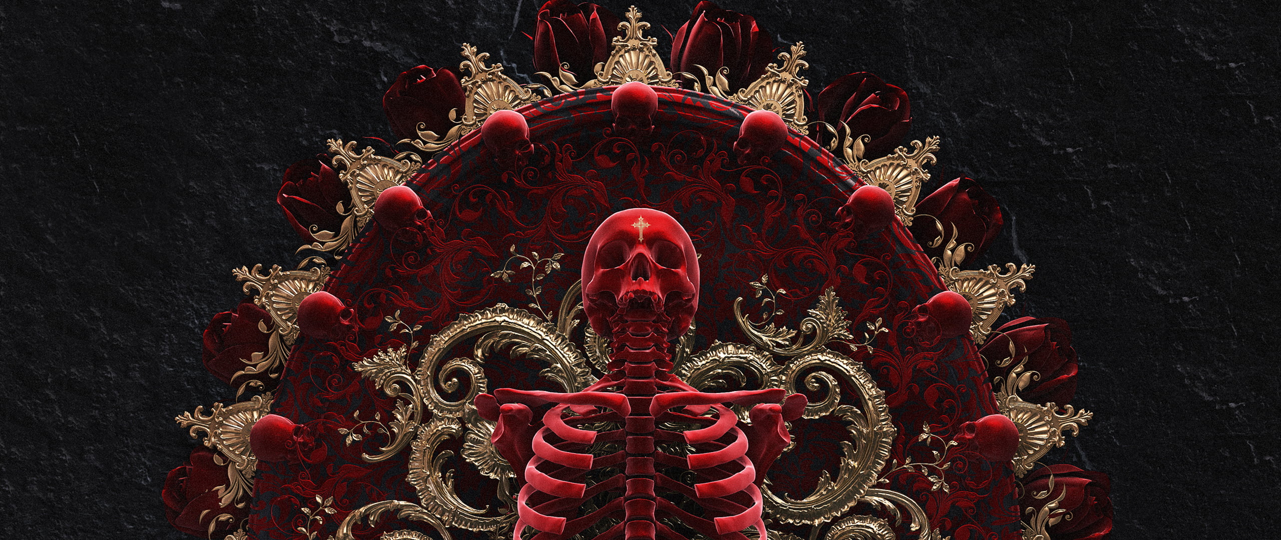 2560x1080 Red human skeleton figure decor, skull and bones, gold, skull, bones HD wallpaper