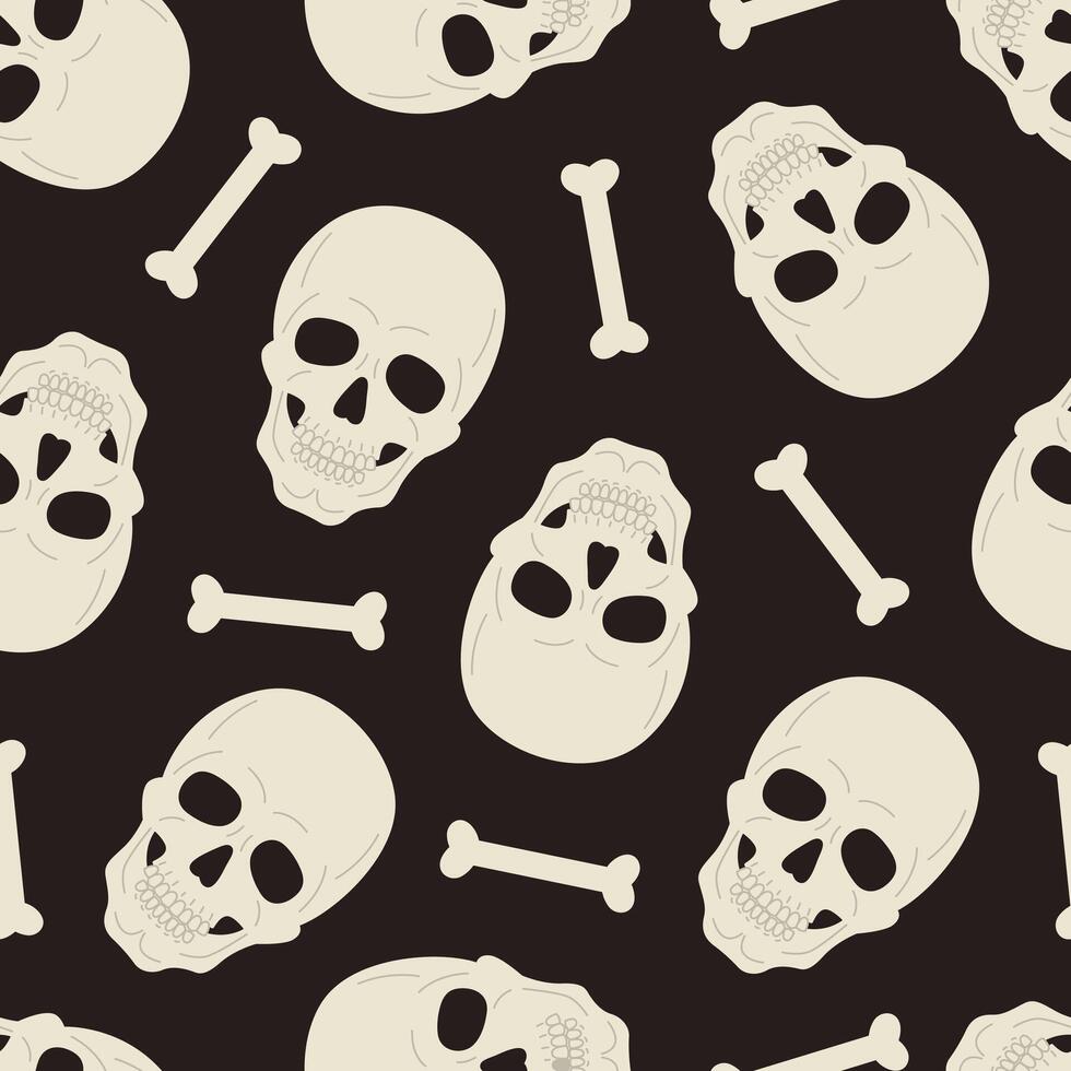 980x980 Seamless pattern with human skulls ans bones on black background. Scary Halloween print. Pirate symbol. Flat illustration