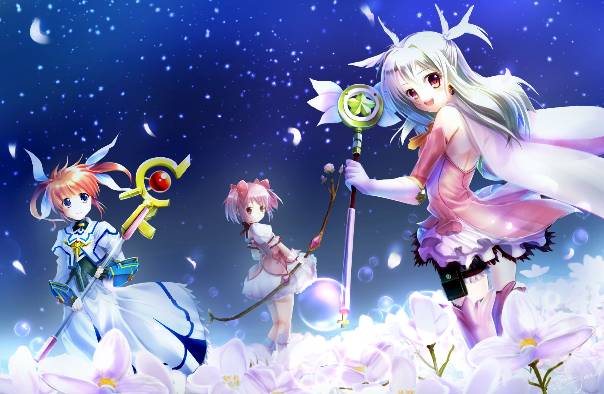1960x1280 Desktop Wallpaper: Anime, Crossover, Fate Kaleid Liner Prisma Illya, Illyasviel Von Einzbern, Madoka Kaname, Magical Girl Lyrical Nanoha, Nanoha Takamachi, Puella Magi Madoka Magica 4K Free Download For PC. 900496