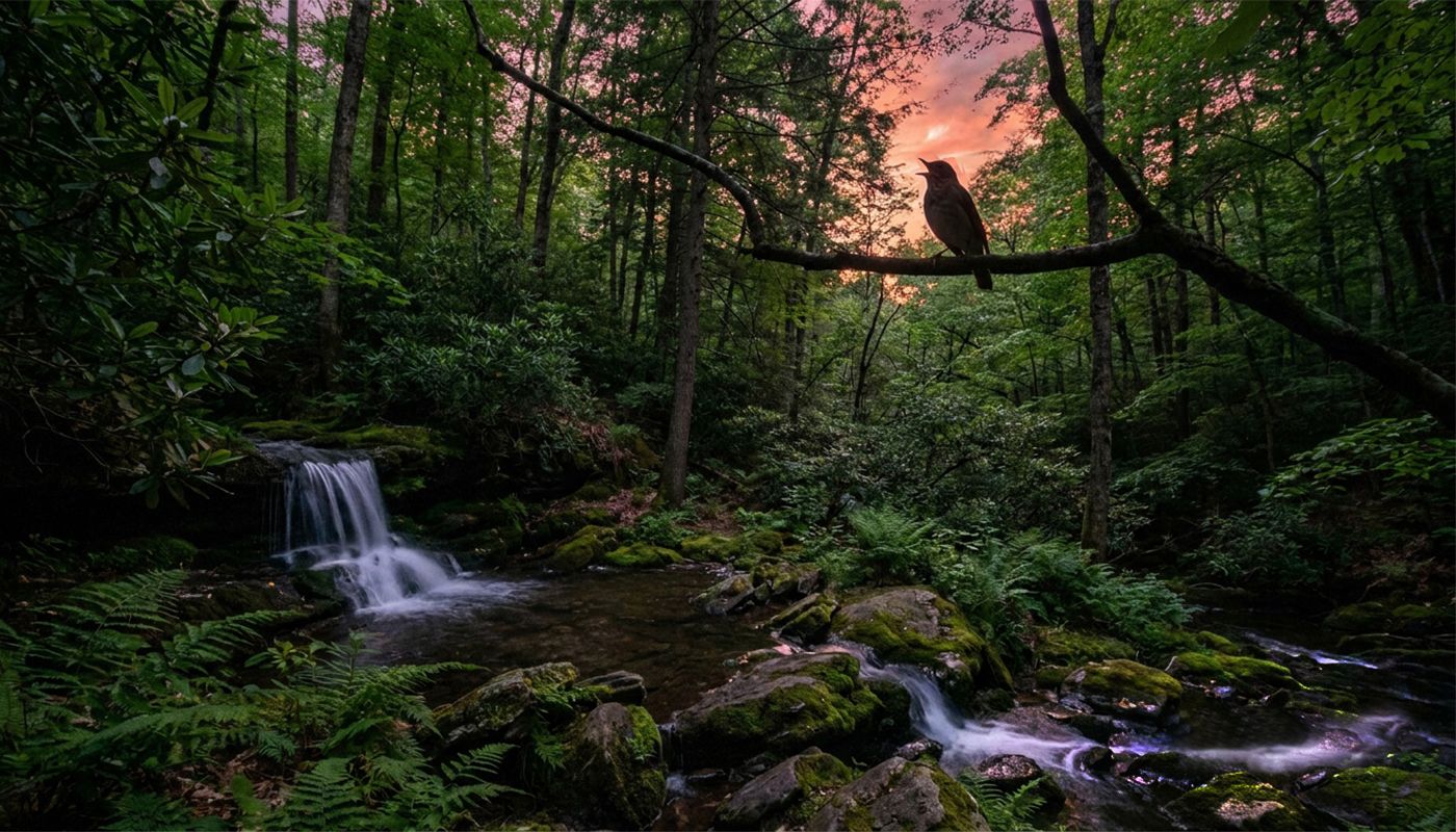 1400x800 Veery at Dusk. Music of Nature