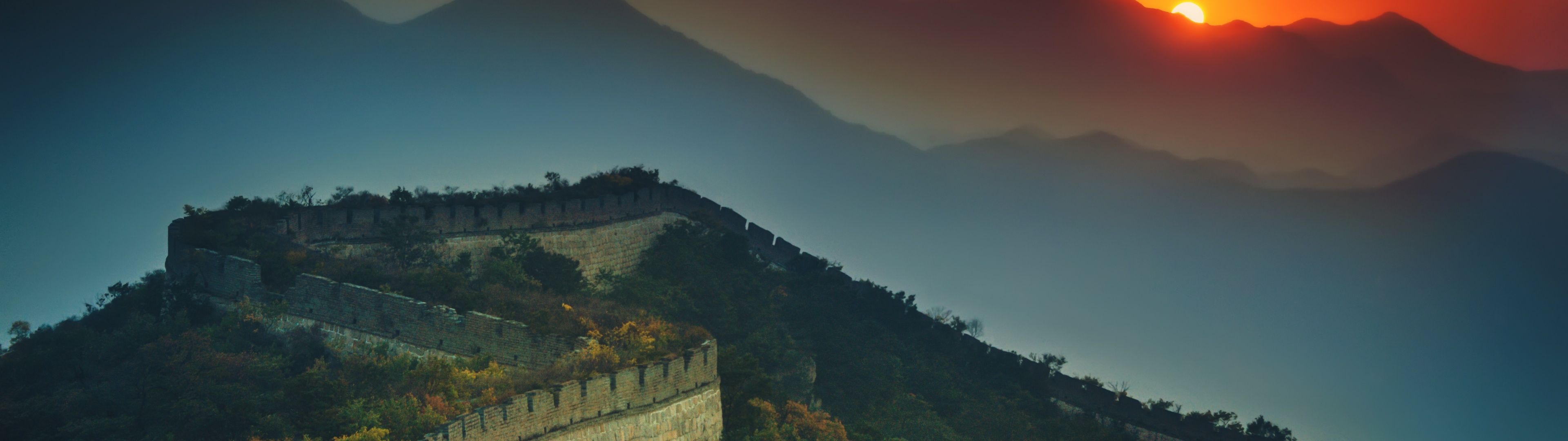 3840x1080 Great Wall of China Wallpaper 4K, Sunset, Orange sky, Mountains