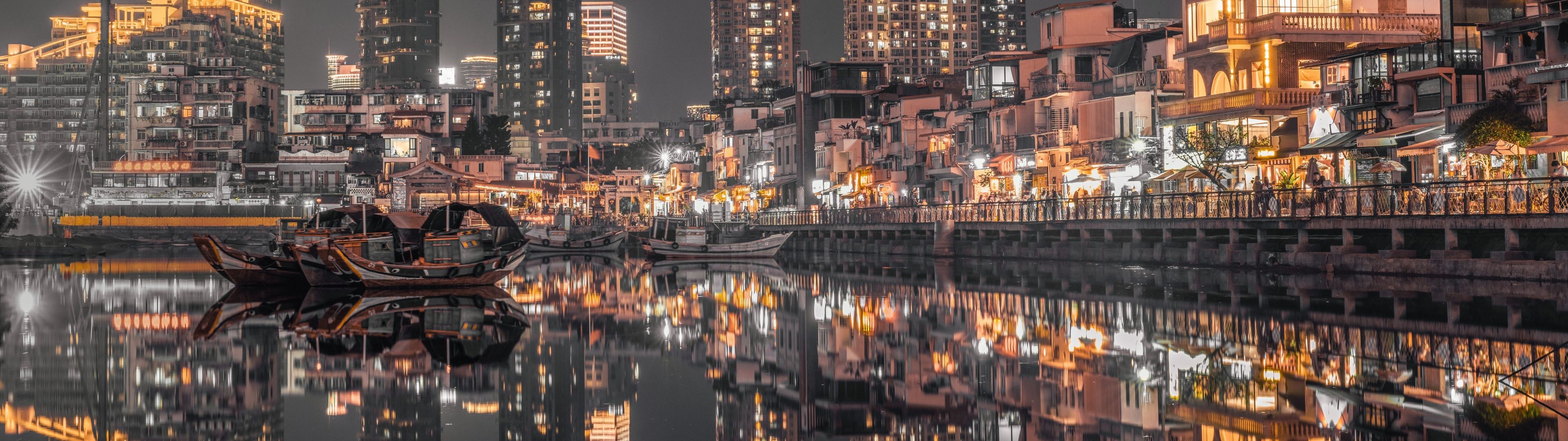3840x1080 Hong Kong City Skyline Wallpaper 4K, Night, Illumination