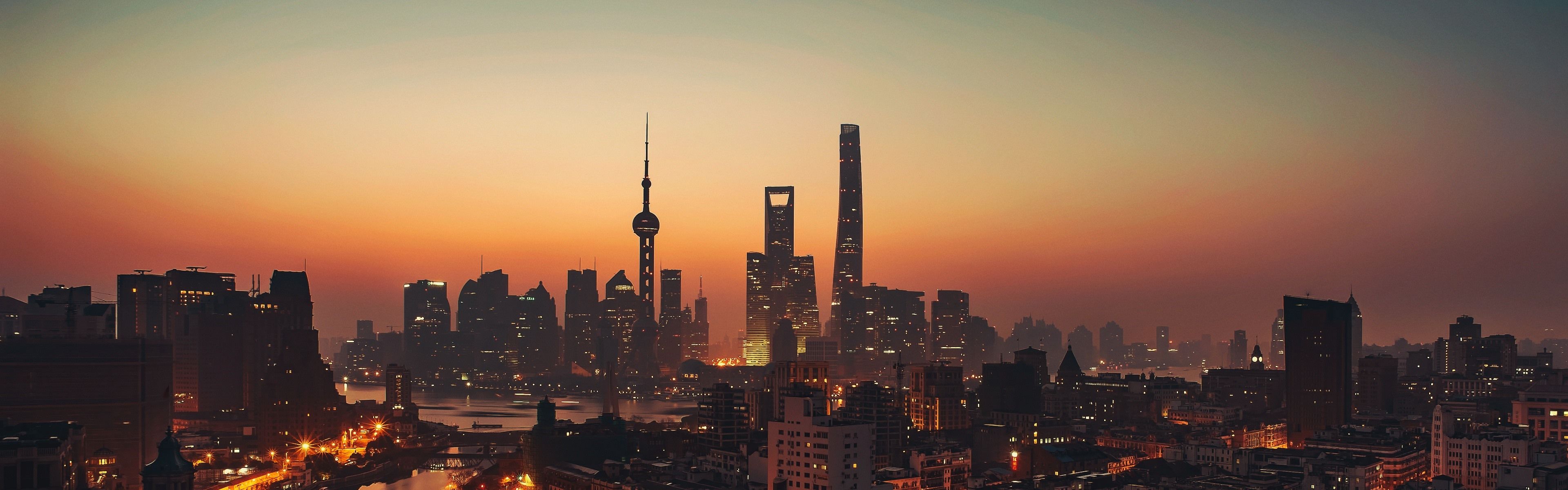 3840x1200 Wallpaper China, Shanghai, skyscrapers, tower, dusk, cityscape 3840x2160 UHD 4K Picture, Image