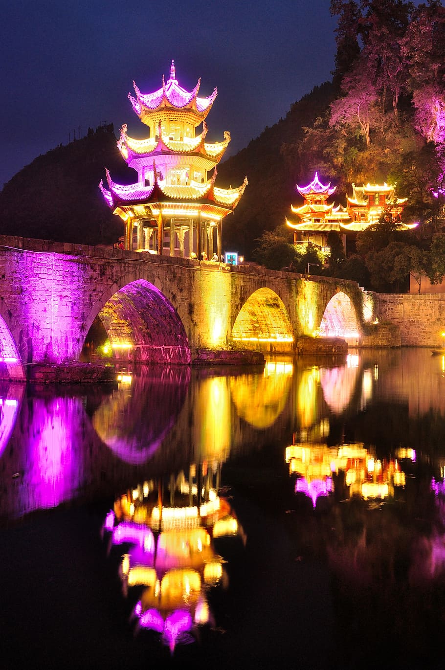 910x1370 HD wallpaper: Wuyang, Zhenyuan, Guizhou, China, illuminated, night, reflection