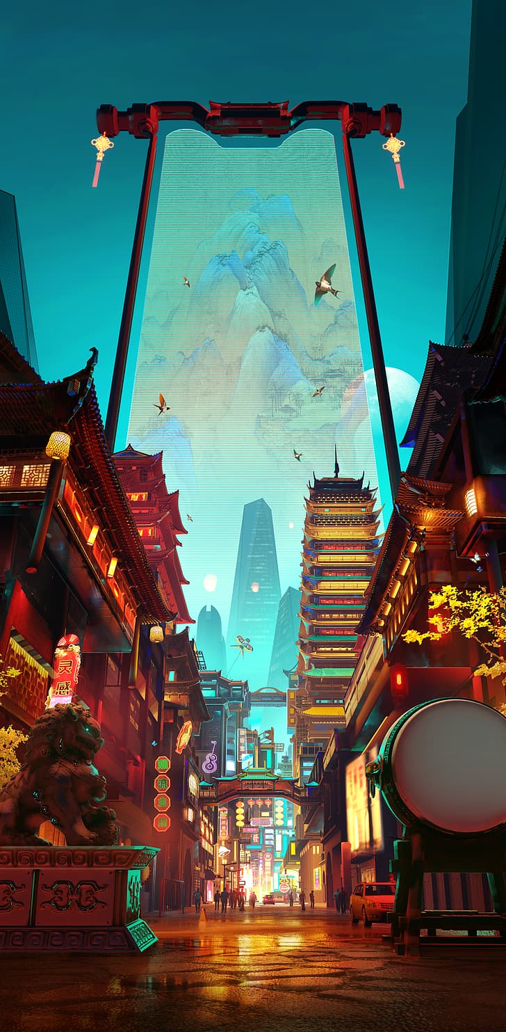 728x1483 HD wallpaper: Chinese architecture, lantern, cyberpunk, artwork, Thousands miles of mountains and rivers