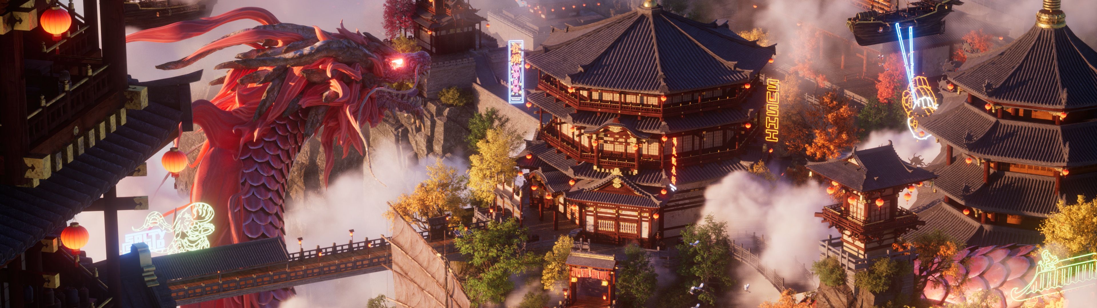 3840x1080 Chinese New Year Wallpaper 4K, Dragon, Empire, Floating