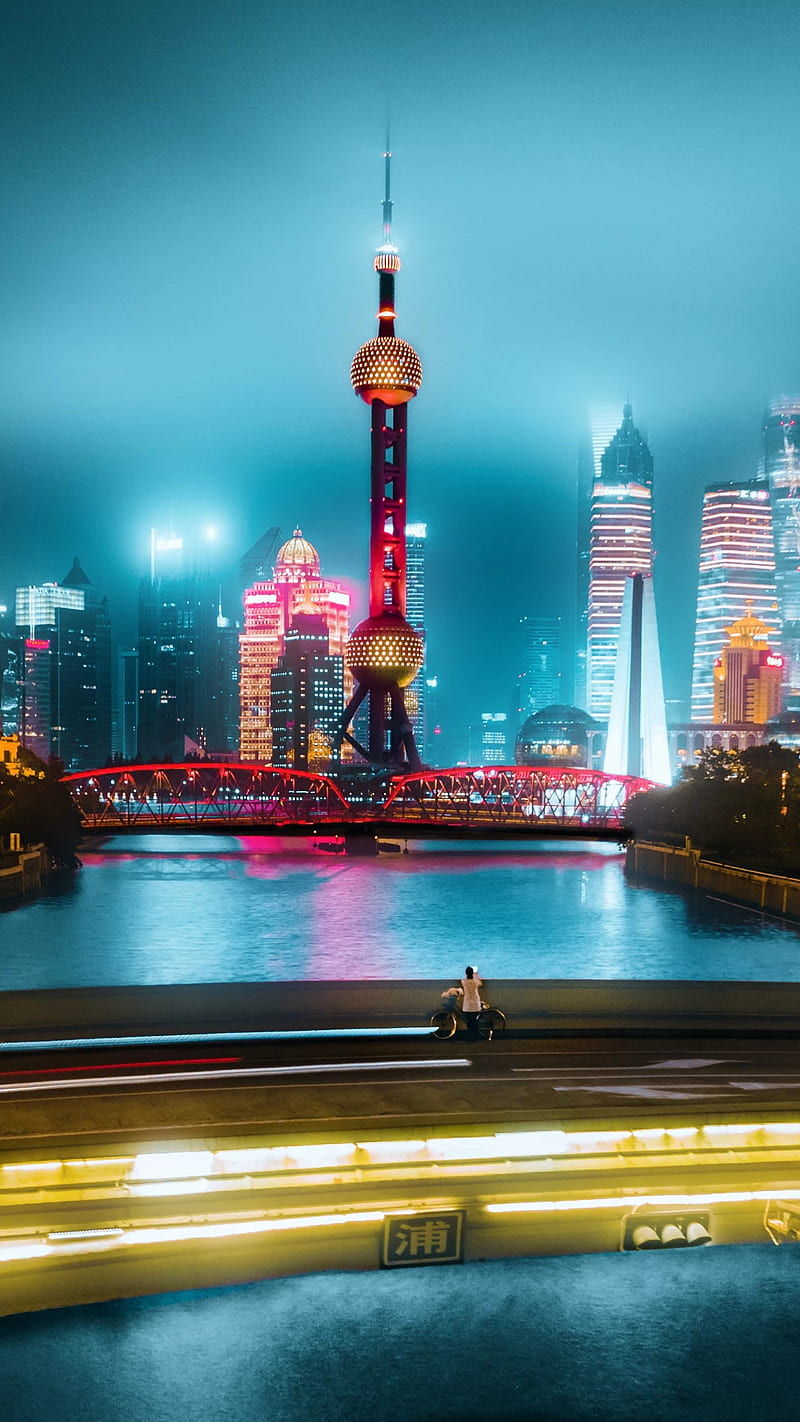 800x1422 China, blue, city, lights, night, river, tower, water, HD phone wallpaper