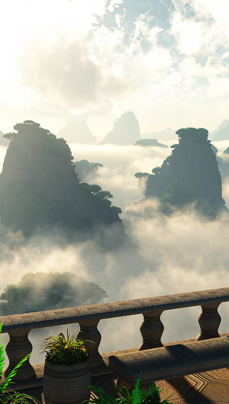 800x1408 Oriental Mountings, anime, china, clouds, mist, scenery, HD phone wallpaper