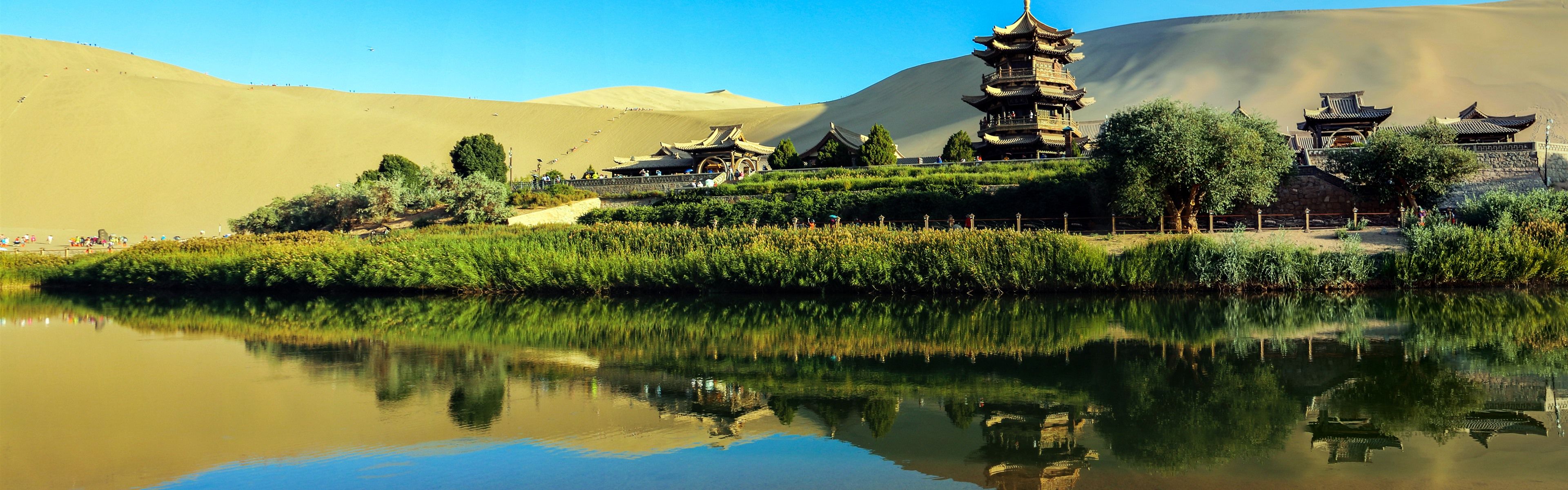 3840x1200 Wallpaper China, tourist attractions, park, pagodas, lake, desert 3840x2160 UHD 4K Picture, Image