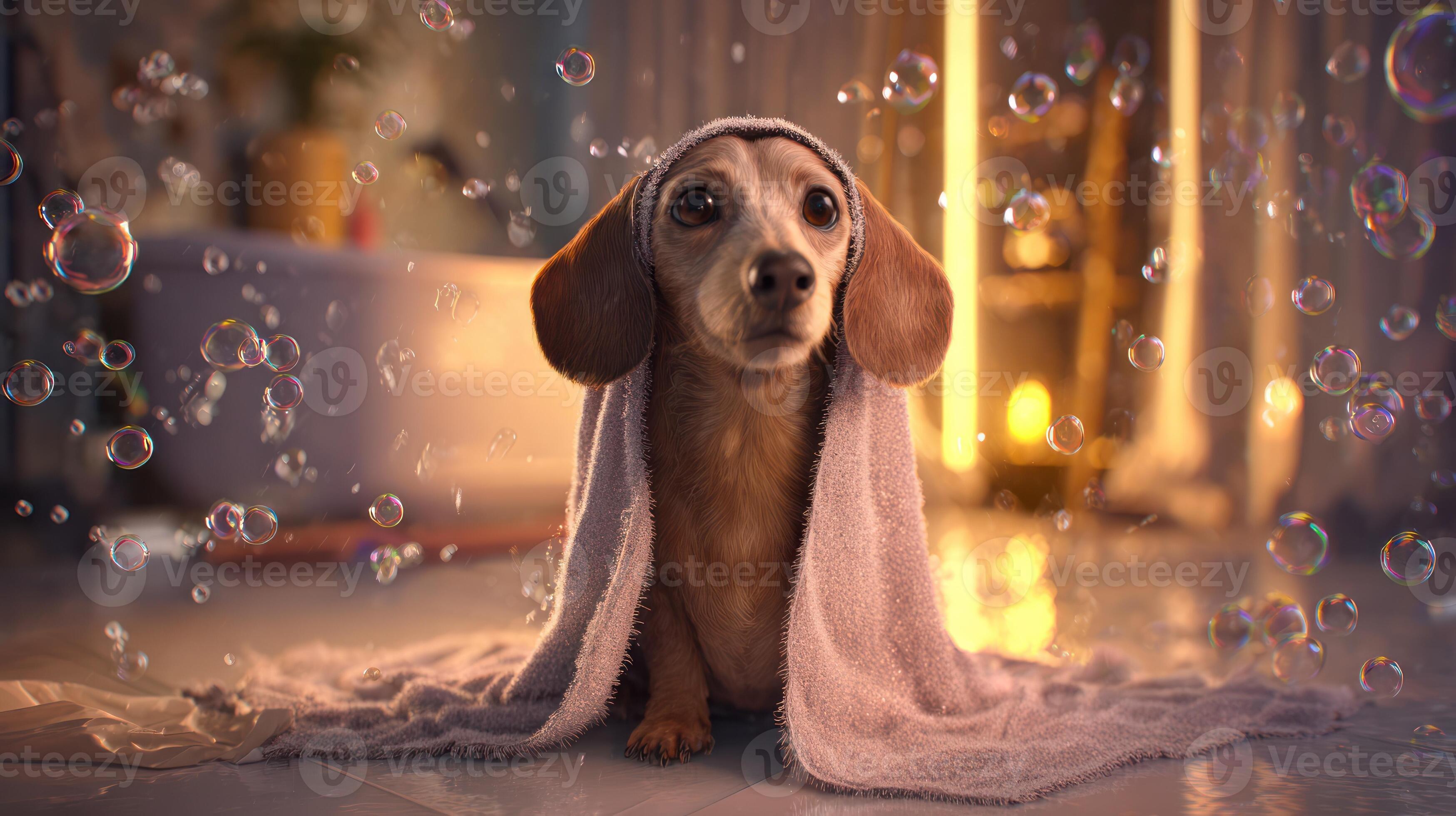 3497x1960 Dachshund dog wrapped in towel surrounded by bubbles after a bath