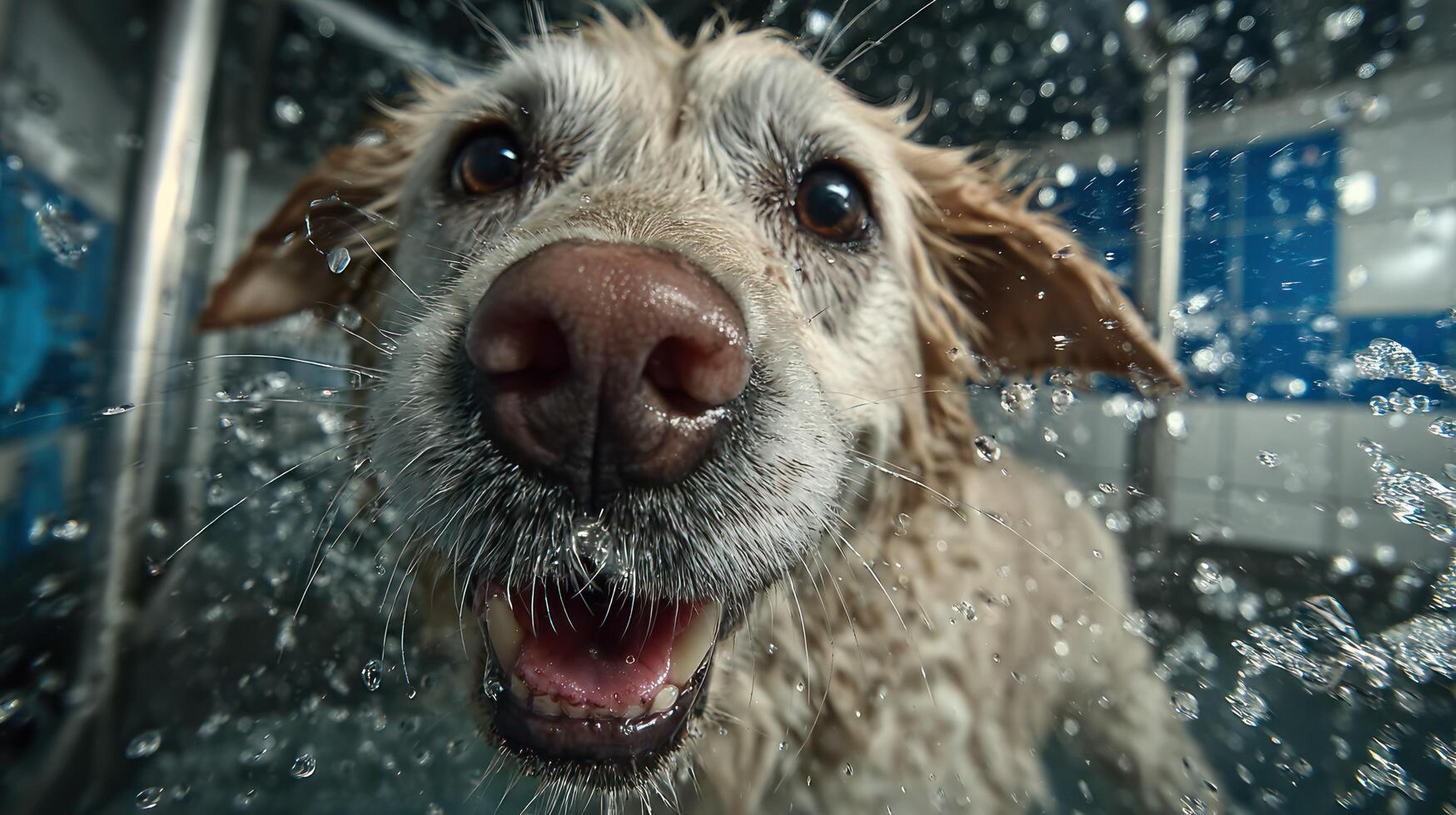 1749x980 Close Up of a Dog During a Bath with Water Splashing Around