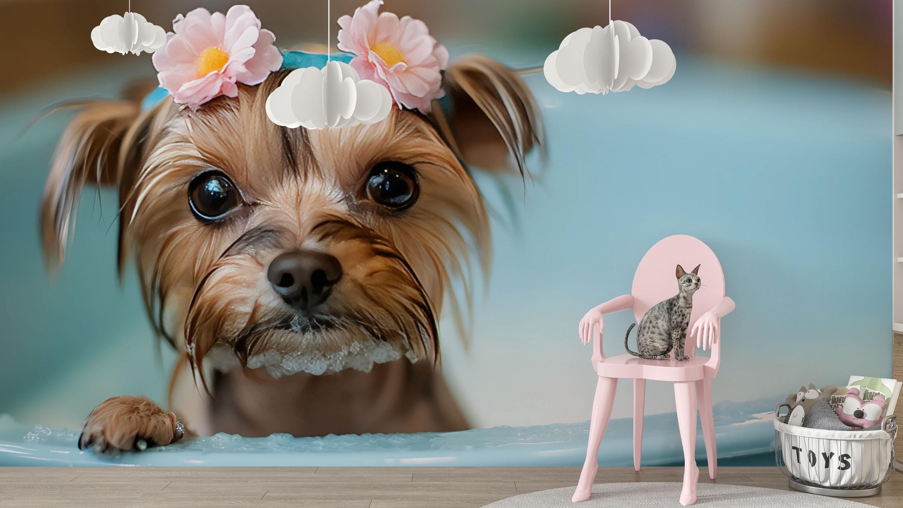3000x1689 Cute Yorkie Dog Wall Mural Puppy Decor Crown Art Print Pet Room Wallpaper Lover Gift Vn680