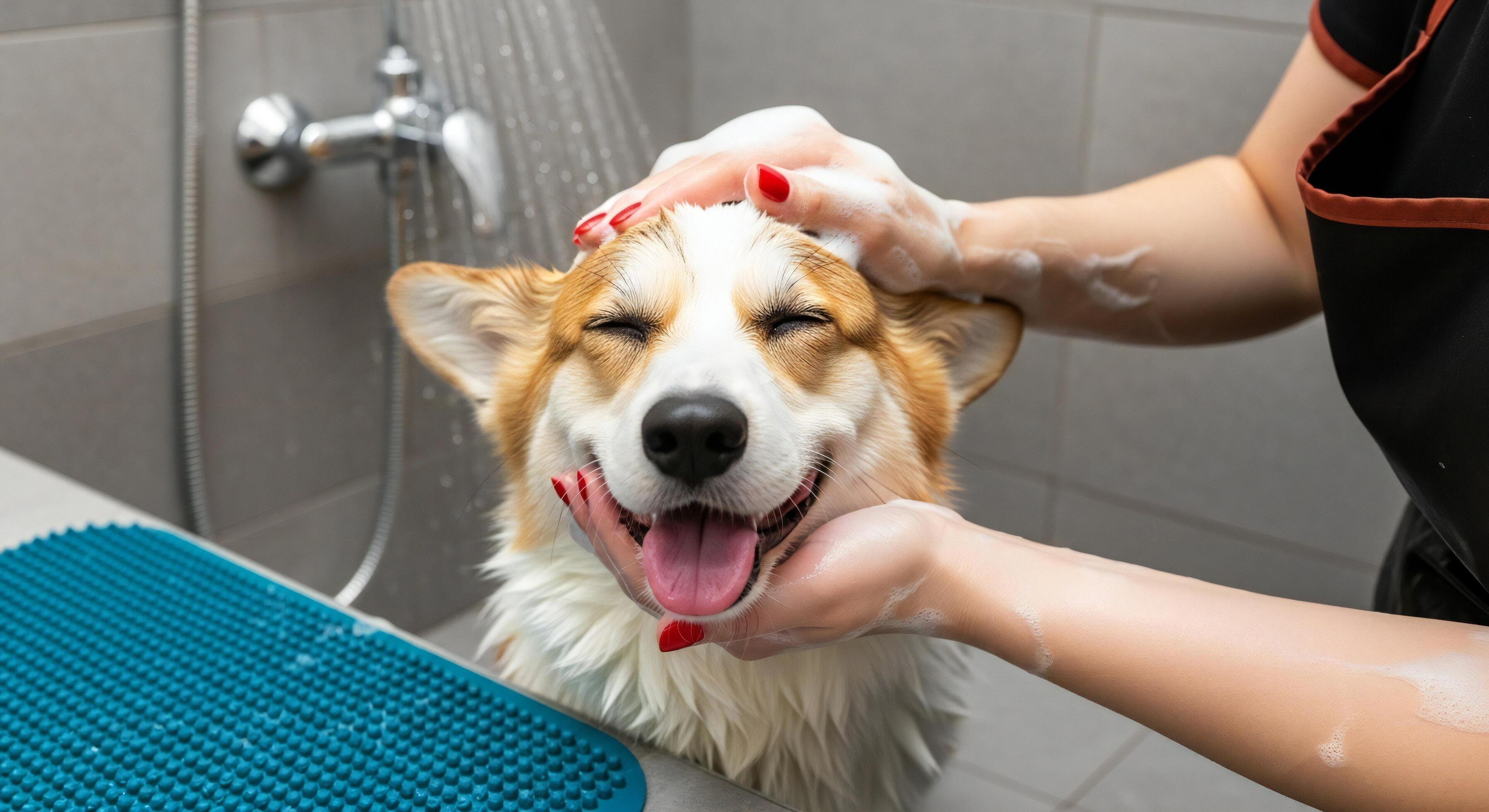 3593x1960 Dog background, Dog wallpaper, Happy corgi dog receiving a relaxing bath with soap bubbles and a shower