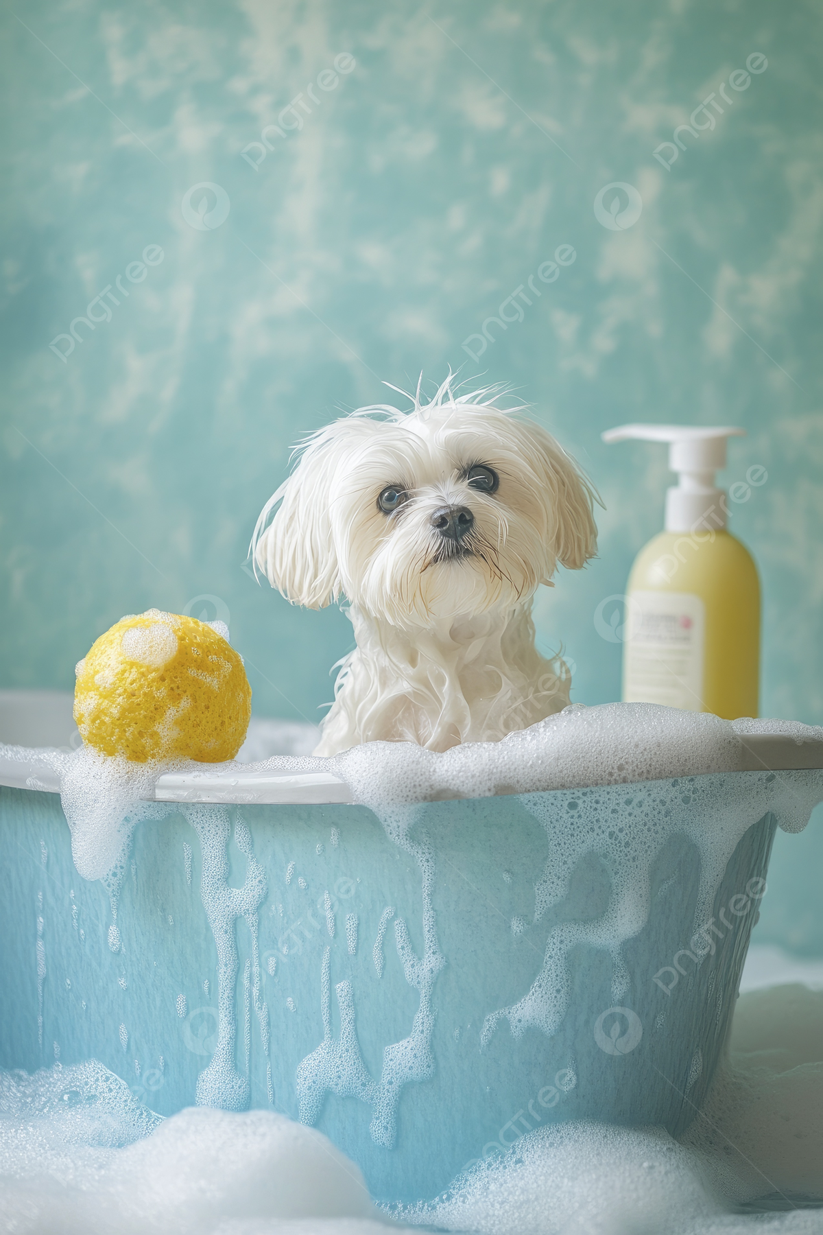 1200x1800 White Dog Sitting In A Blue Bathtub With Soap Suds And Bubbles Yellow Ball On The Side Shampoo Bottle Edge Of Tub Creating Playful Atmosphere Background Wallpaper Image For Free Download