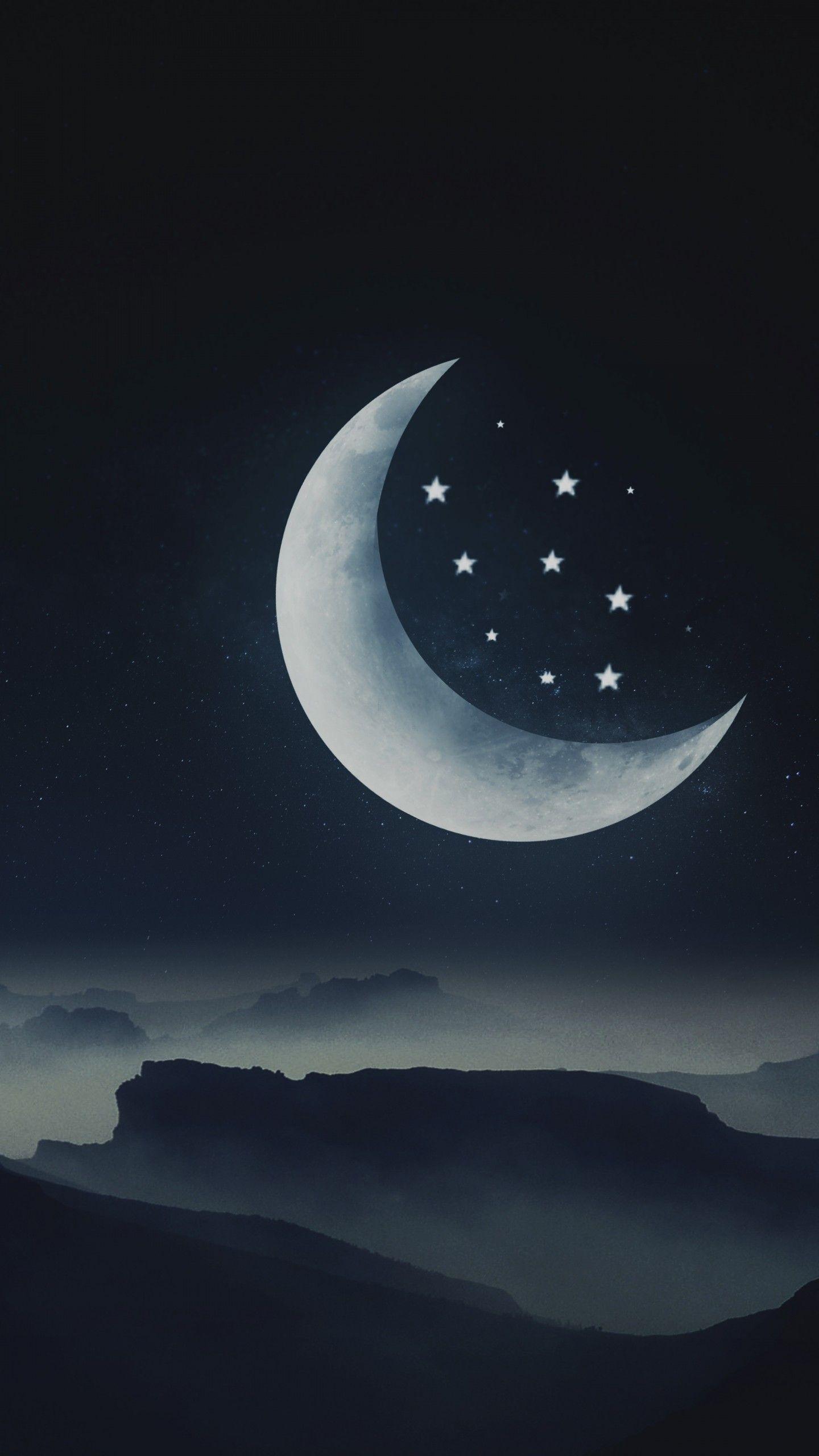 1440x2560 Half moon Wallpaper 4K, Stars, Mountains, Night, Nature
