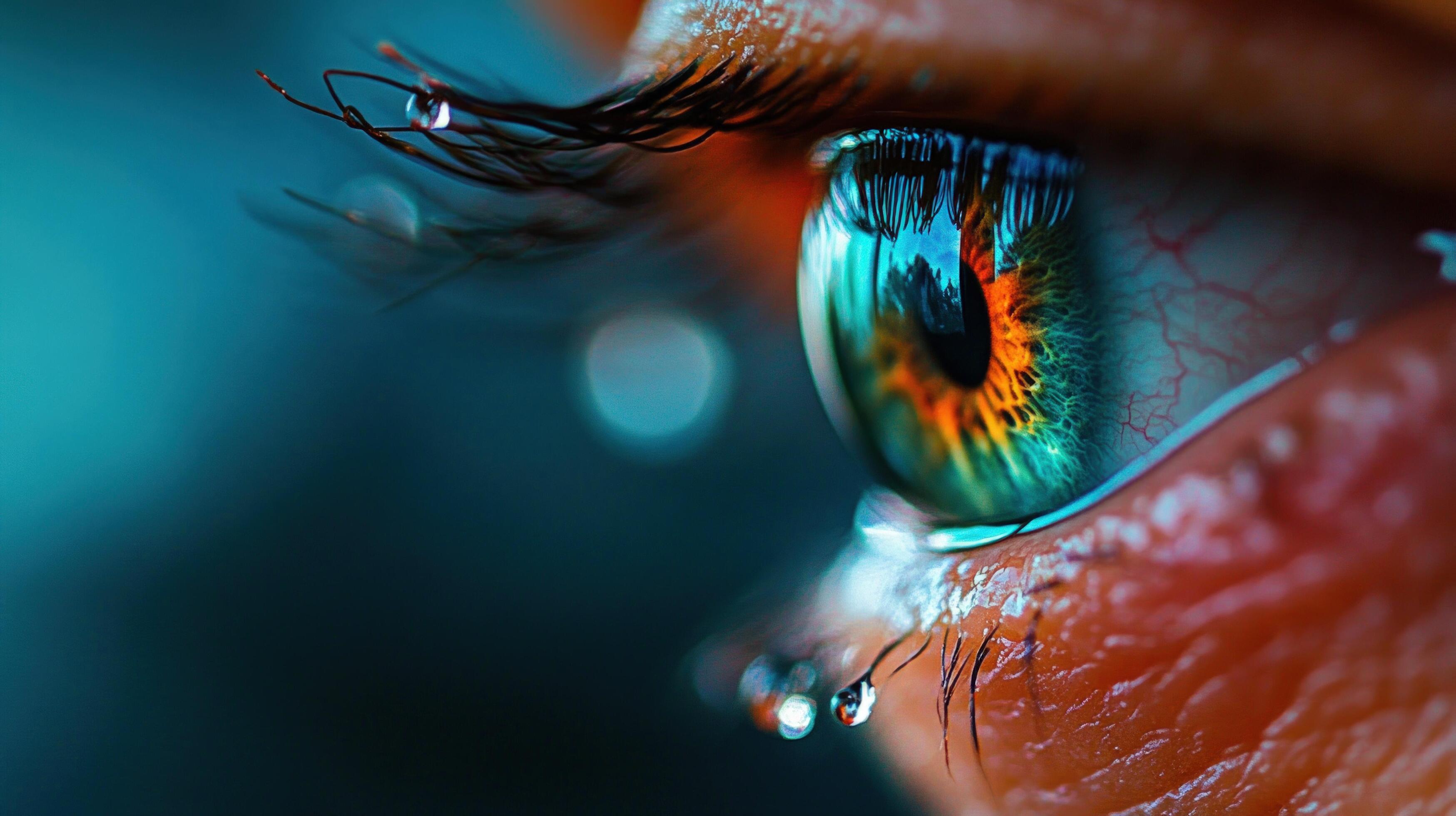 3497x1960 A close up of a person's eye with water drops