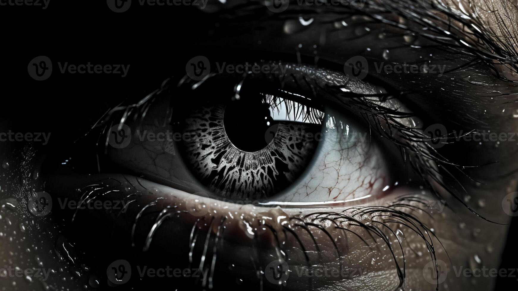 1742x980 AI generated Close up of Beautiful Eye with Water Drops on Face. Dramatic and Expressive. Beauty Campaigns and Artistic Portraits Concept