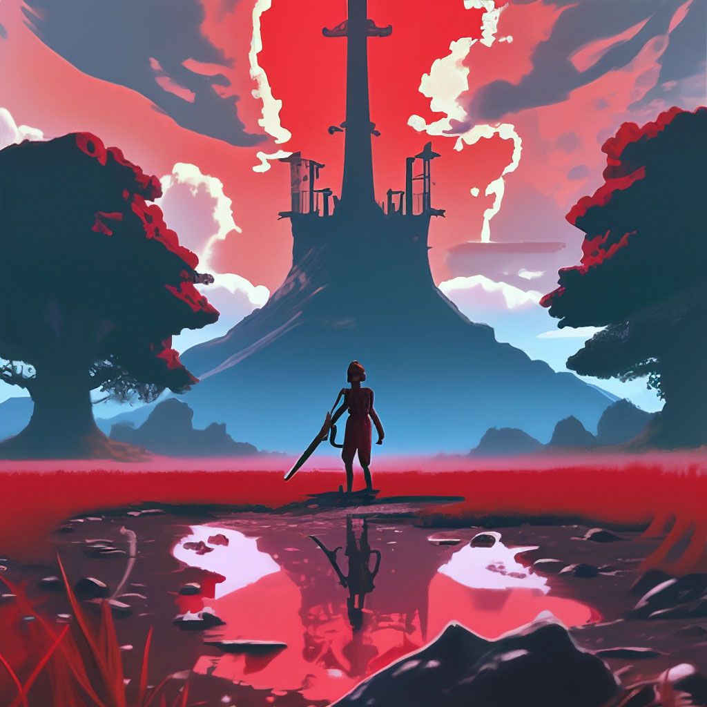 1024x1024 80s, vhs, dark, horror, dark fantasy, lone survivor laying on the ground in red puddle, big sword in the ground
