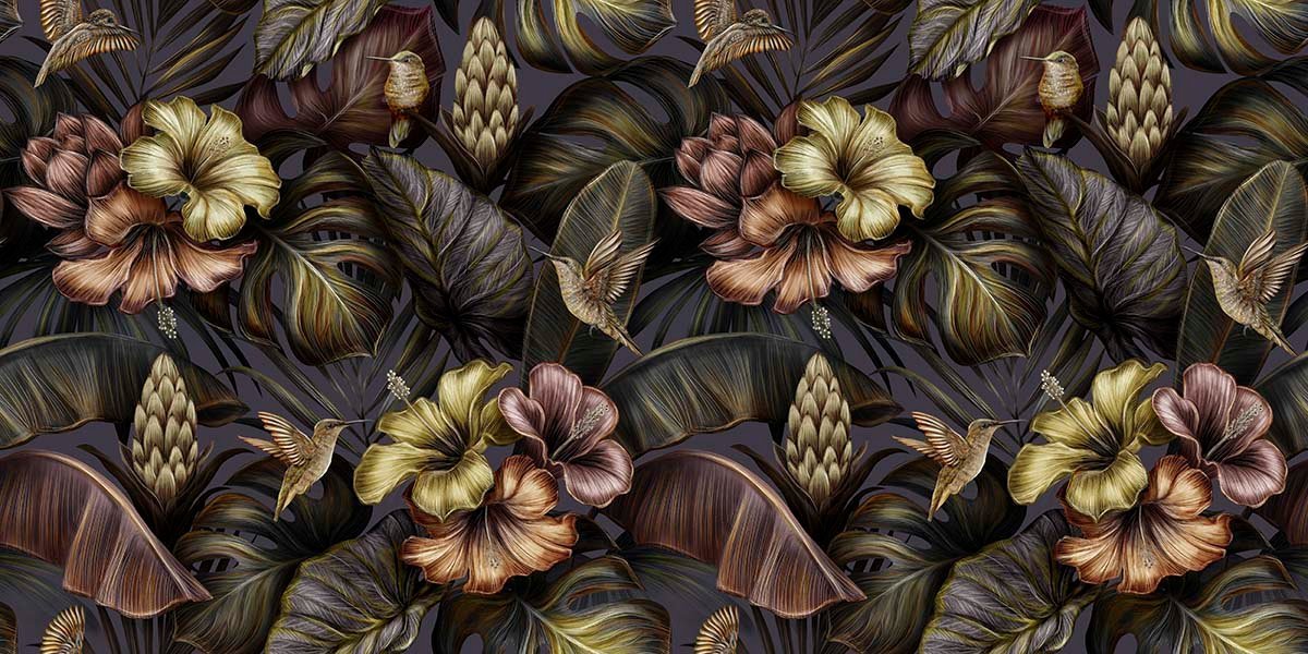 1200x600 Floral Pattern Wallpaper with Hummingbirds unique wallpaper