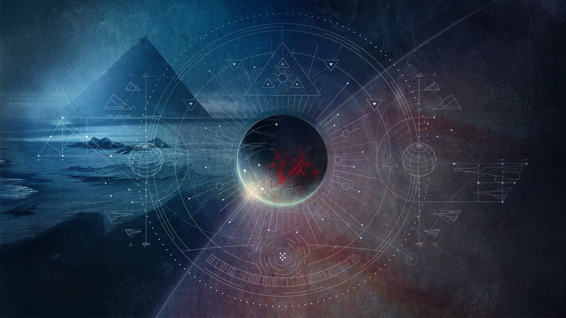 1920x1080 Download a dark image of a pyramid and a spaceship Wallpaper