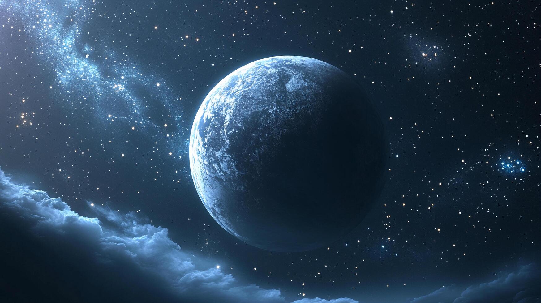 1749x980 Mystical Planet Rises Above Clouds, Amidst A Star Studded Cosmos, Inviting Viewers To Dream Beyond Our World
