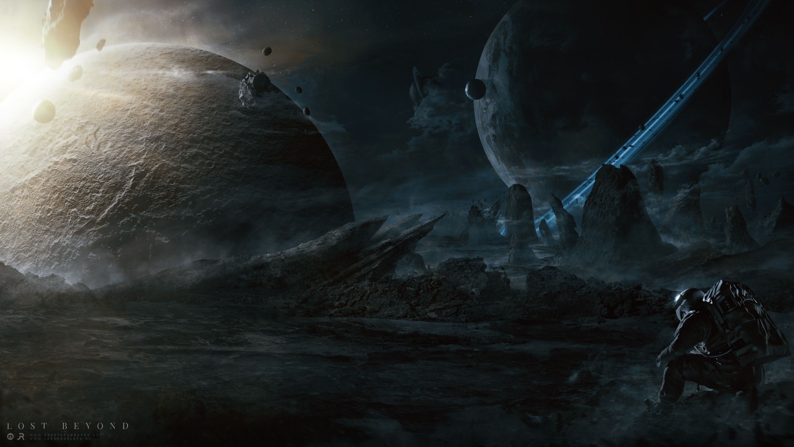 2560x1440 Galactic Dawn: Astronaut on Alien World HD Wallpaper